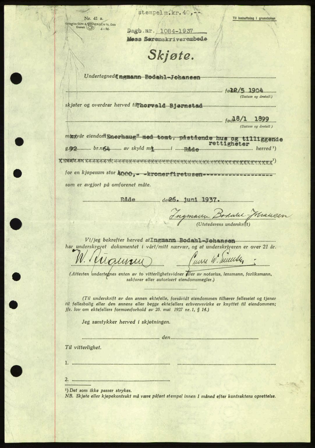 Moss sorenskriveri, SAO/A-10168: Pantebok nr. A3, 1937-1938, Dagboknr: 1084/1937