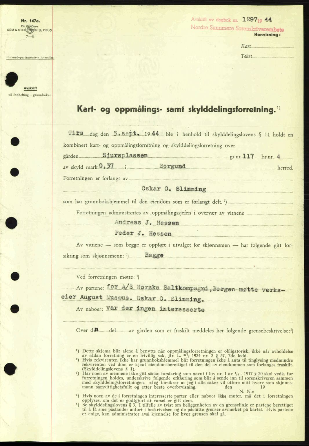 Nordre Sunnmøre sorenskriveri, SAT/A-0006/1/2/2C/2Ca: Pantebok nr. A18, 1944-1944, Dagboknr: 1297/1944