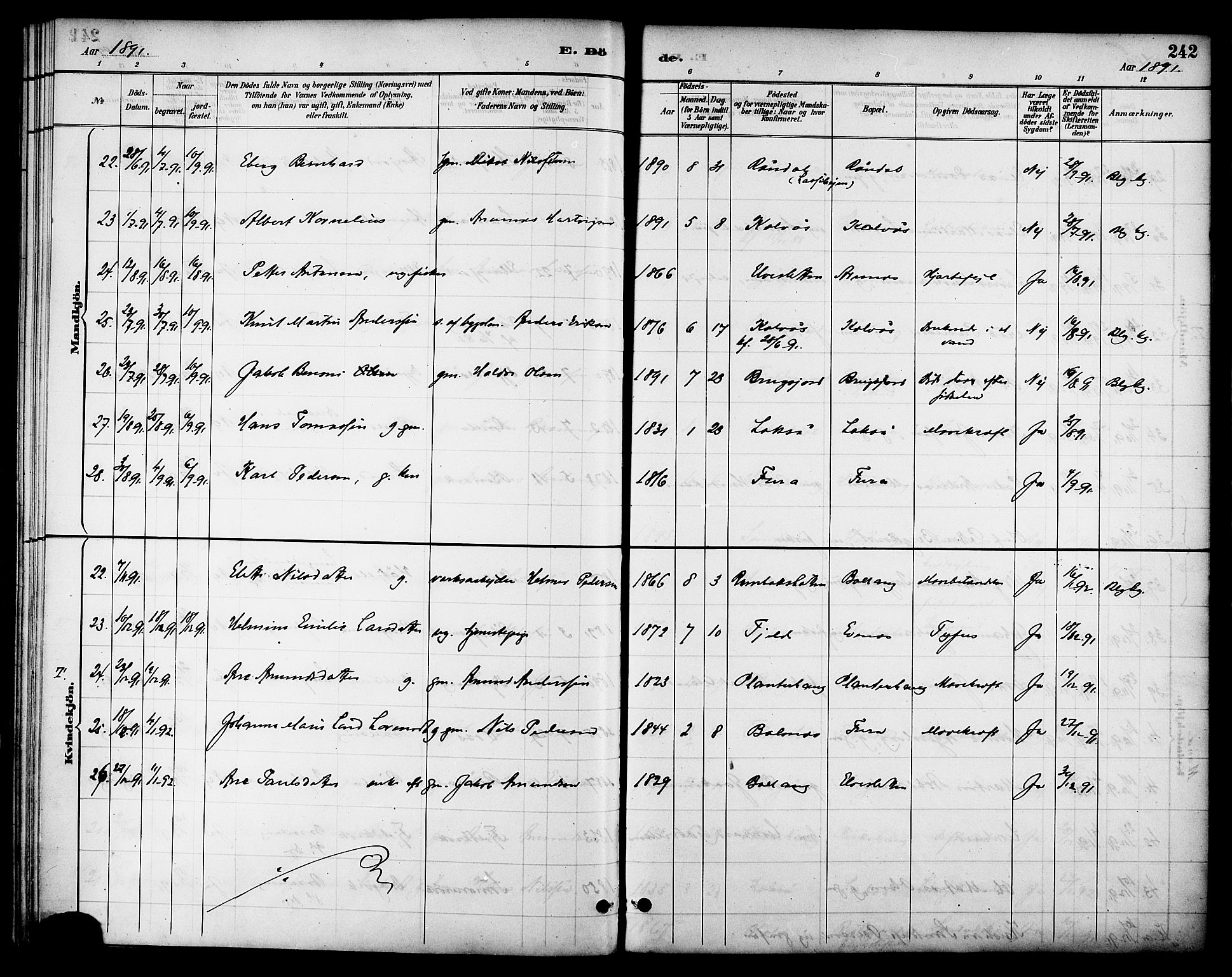 Ministerialprotokoller, klokkerbøker og fødselsregistre - Nordland, AV/SAT-A-1459/863/L0898: Ministerialbok nr. 863A10, 1886-1897, s. 242