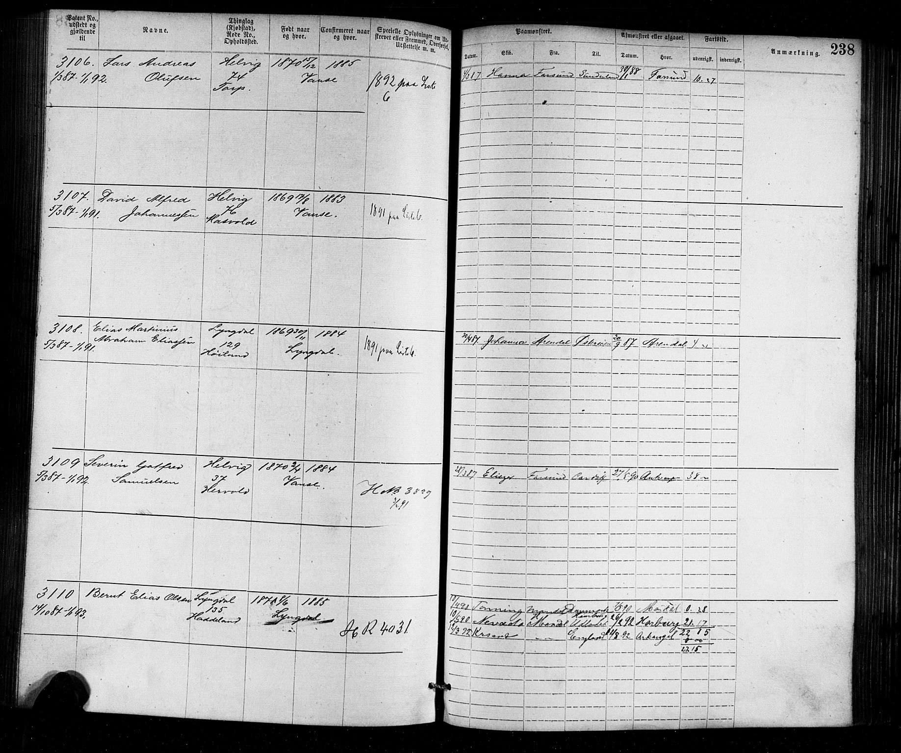 Farsund mønstringskrets, SAK/2031-0017/F/Fa/L0002: Annotasjonsrulle nr 1921-3815 med register, M-2, 1877-1894, s. 268