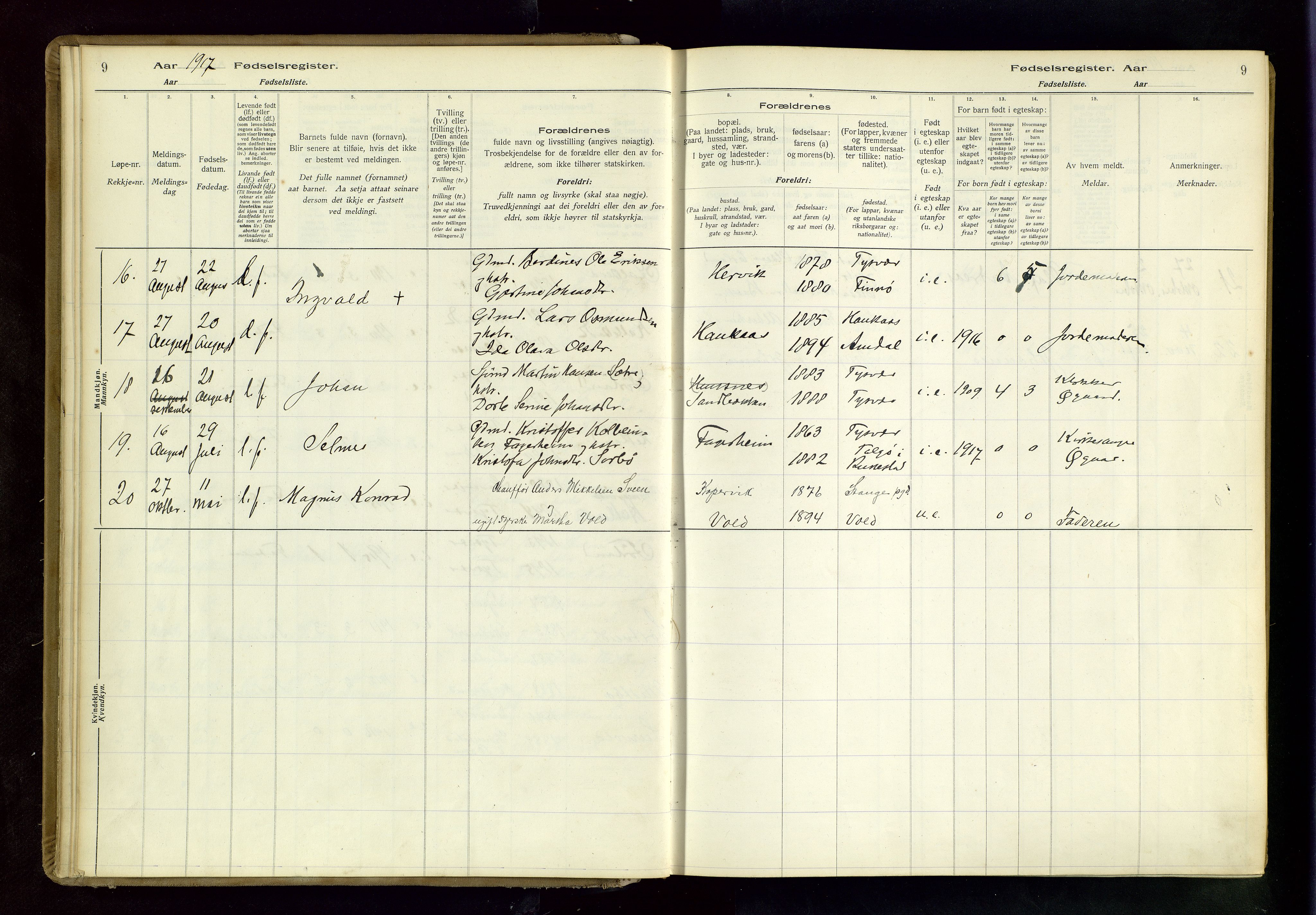 Tysvær sokneprestkontor, AV/SAST-A -101864/I/Id/L0001: Fødselsregister nr. 1, 1916-1954, s. 9