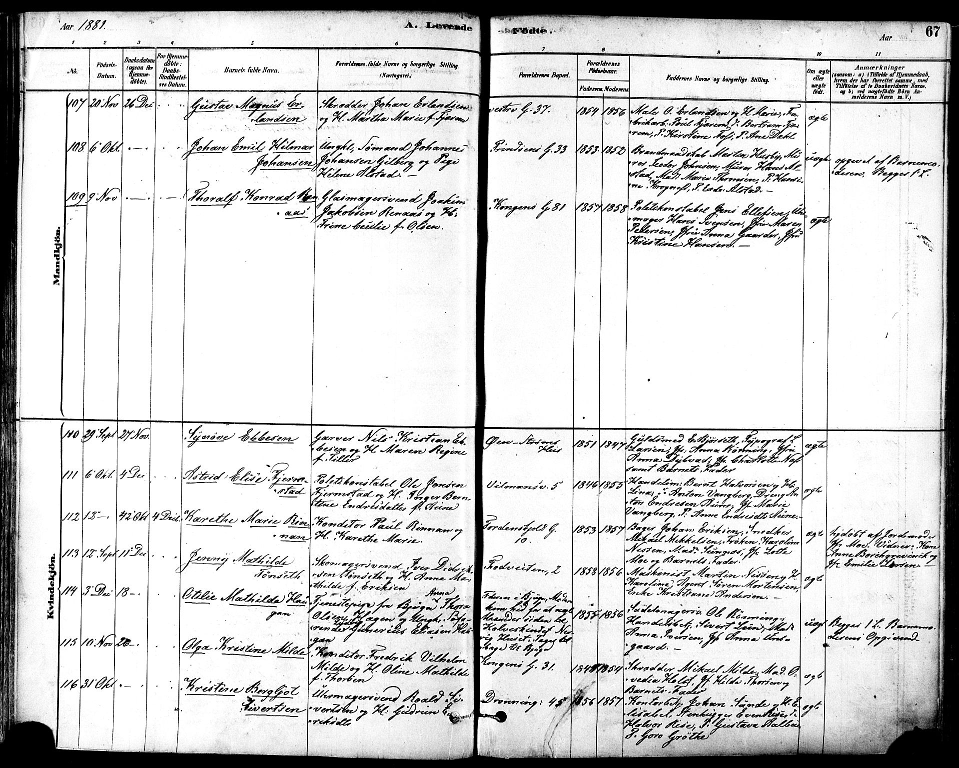 Ministerialprotokoller, klokkerbøker og fødselsregistre - Sør-Trøndelag, SAT/A-1456/601/L0057: Ministerialbok nr. 601A25, 1877-1891, s. 67