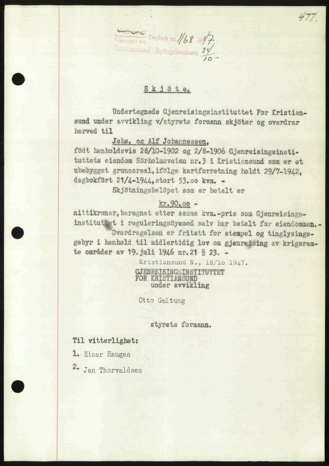 Kristiansund byfogd, SAT/A-4587/A/27: Pantebok nr. 39b, 1946-1947, Dagboknr: 1168/1947