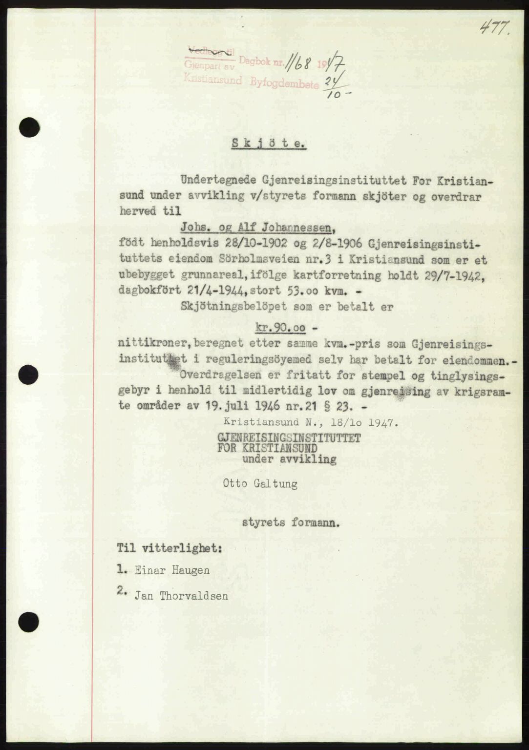Kristiansund byfogd, AV/SAT-A-4587/A/27: Pantebok nr. 39b, 1946-1947, Dagboknr: 1168/1947