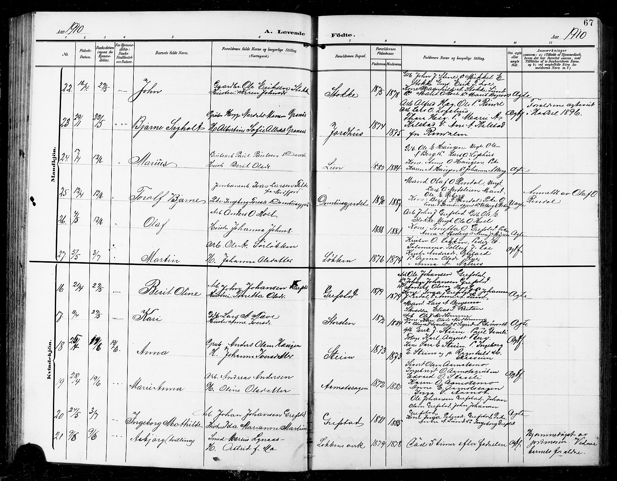Ministerialprotokoller, klokkerbøker og fødselsregistre - Sør-Trøndelag, AV/SAT-A-1456/672/L0864: Klokkerbok nr. 672C03, 1902-1914, s. 67