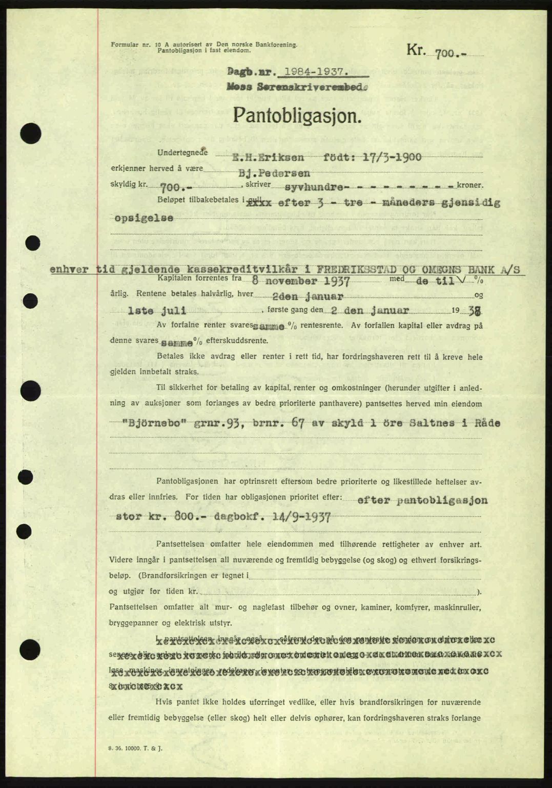 Moss sorenskriveri, SAO/A-10168: Pantebok nr. B4, 1937-1938, Dagboknr: 1984/1937