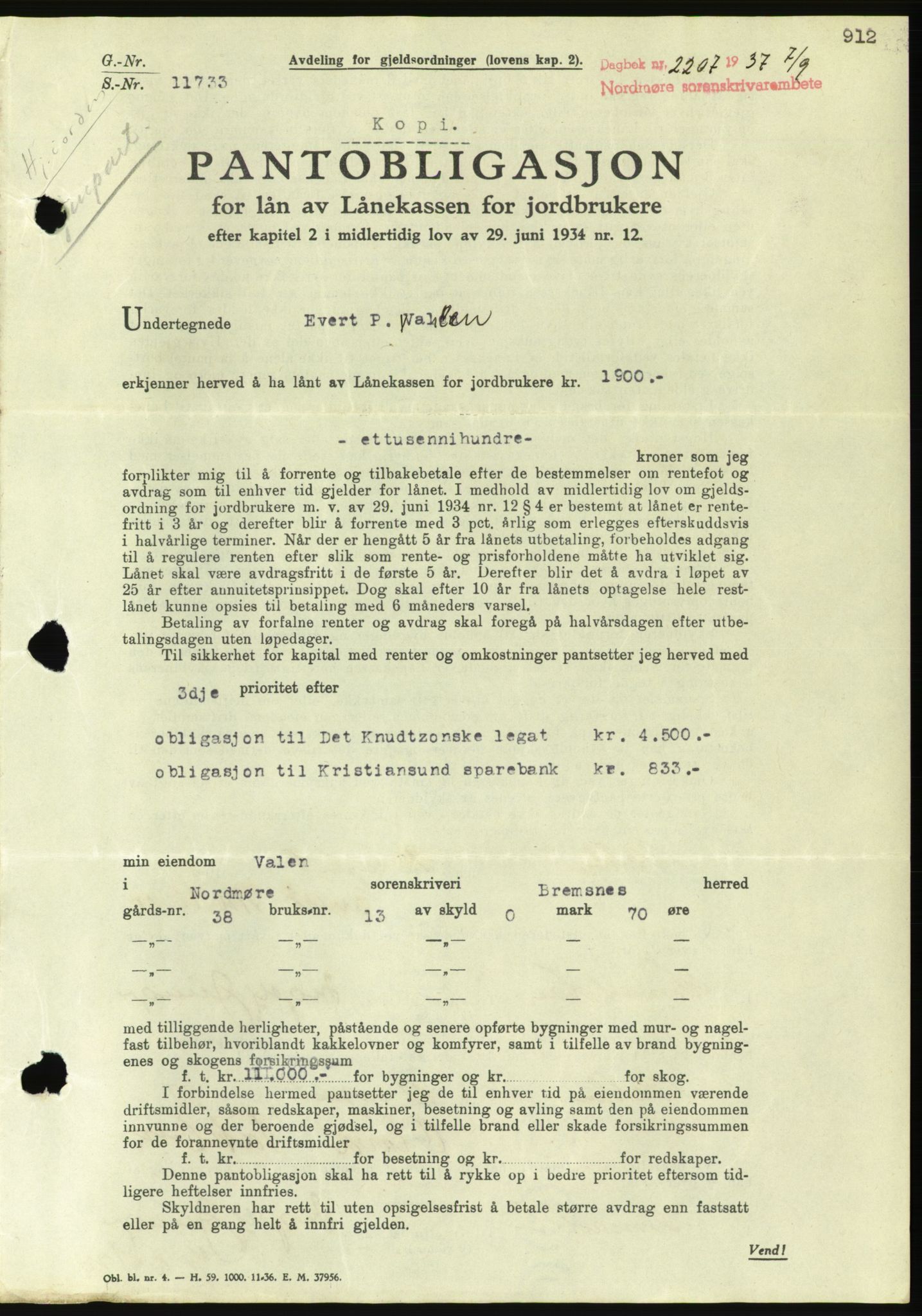 Nordmøre sorenskriveri, AV/SAT-A-4132/1/2/2Ca/L0091: Pantebok nr. B81, 1937-1937, Dagboknr: 2207/1937