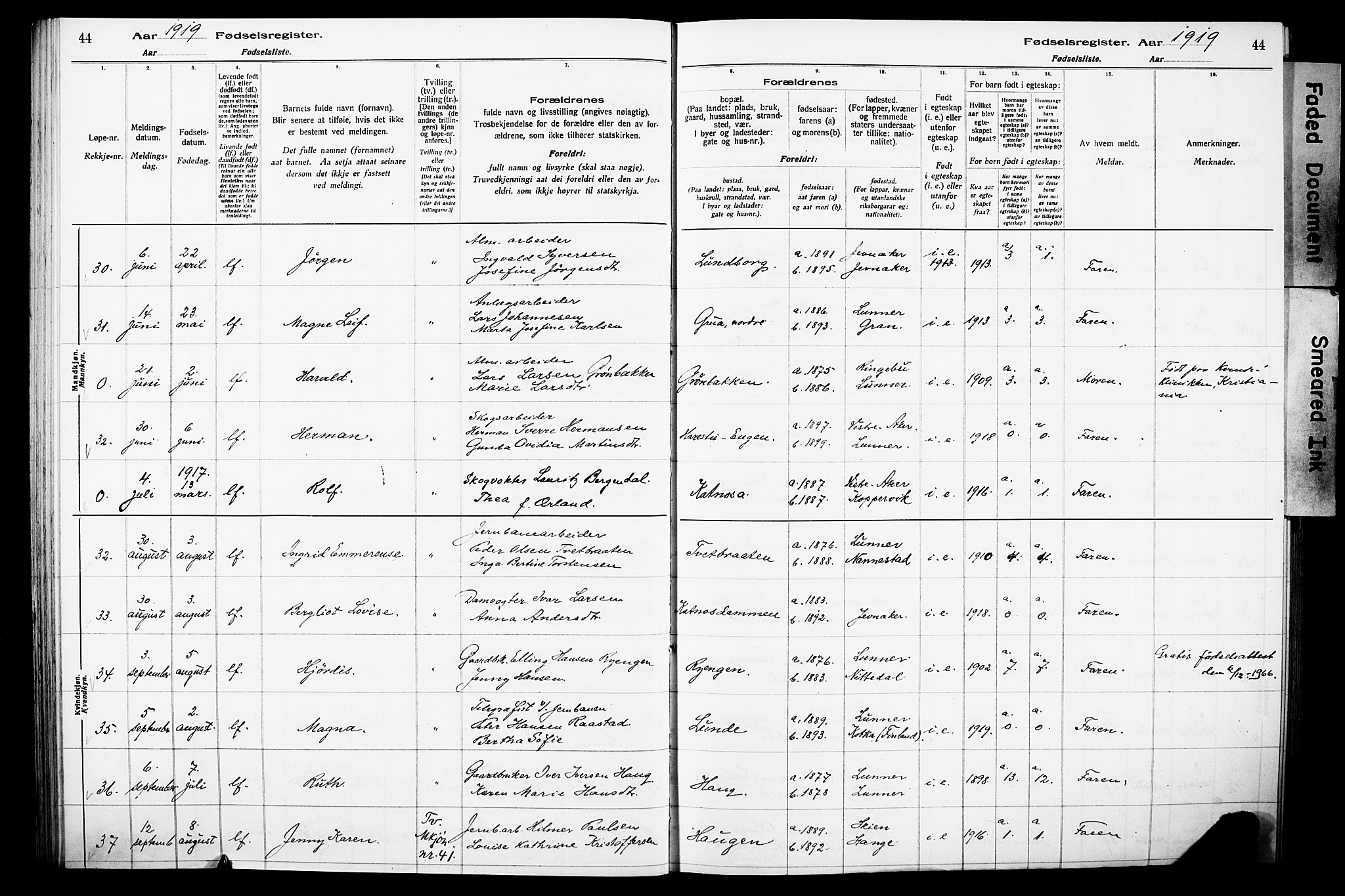 Lunner prestekontor, AV/SAH-PREST-118/I/Id/L0001: Fødselsregister nr. 1, 1916-1932, s. 44