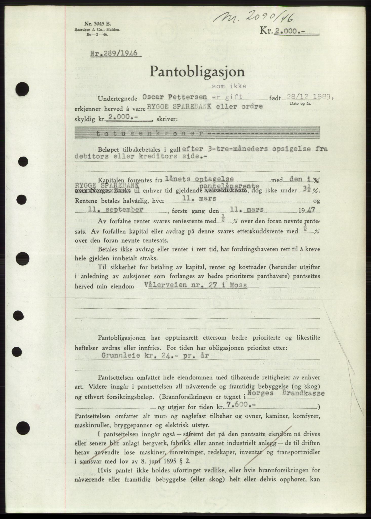 Moss sorenskriveri, SAO/A-10168: Pantebok nr. B15, 1946-1946, Dagboknr: 2090/1946