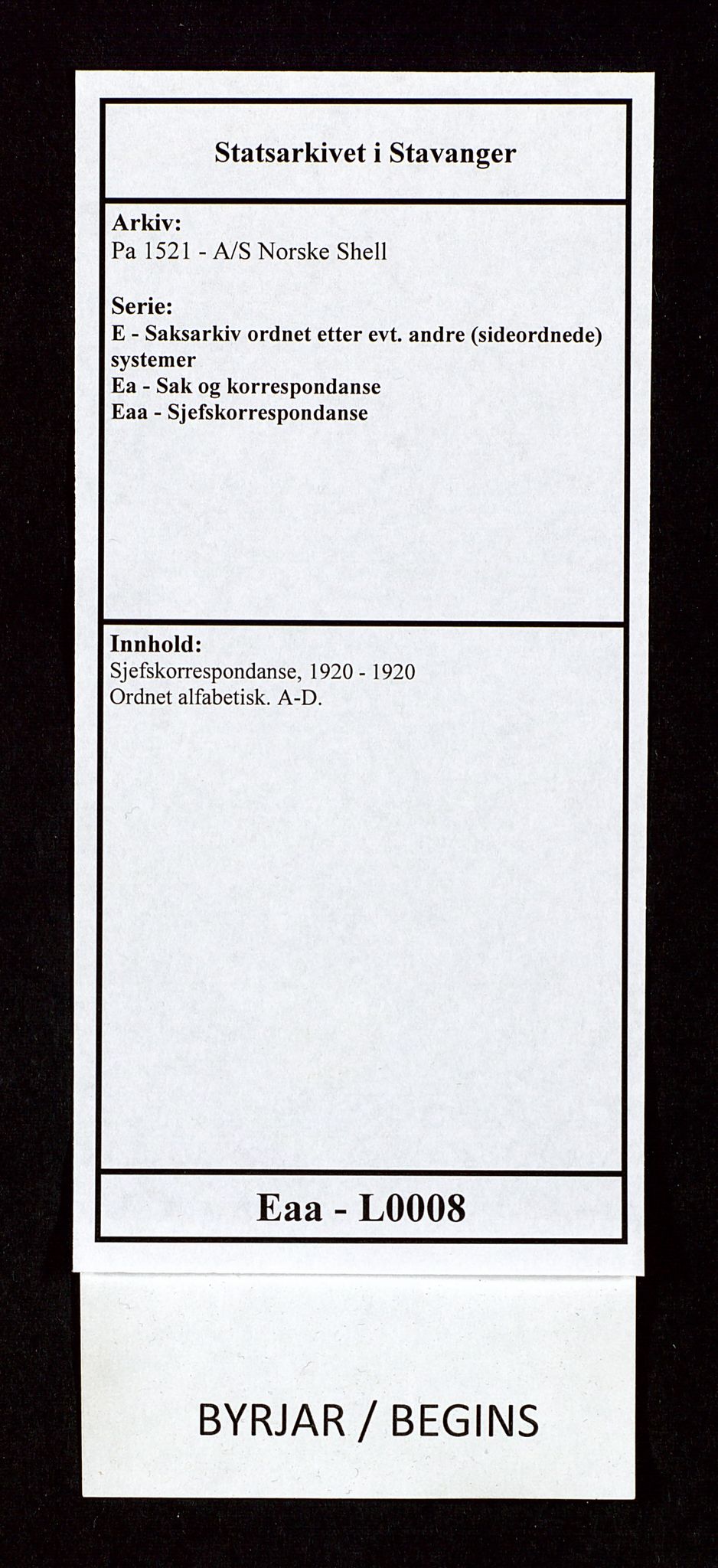 Pa 1521 - A/S Norske Shell, SAST/A-101915/E/Ea/Eaa/L0008: Sjefskorrespondanse, 1920, s. 1