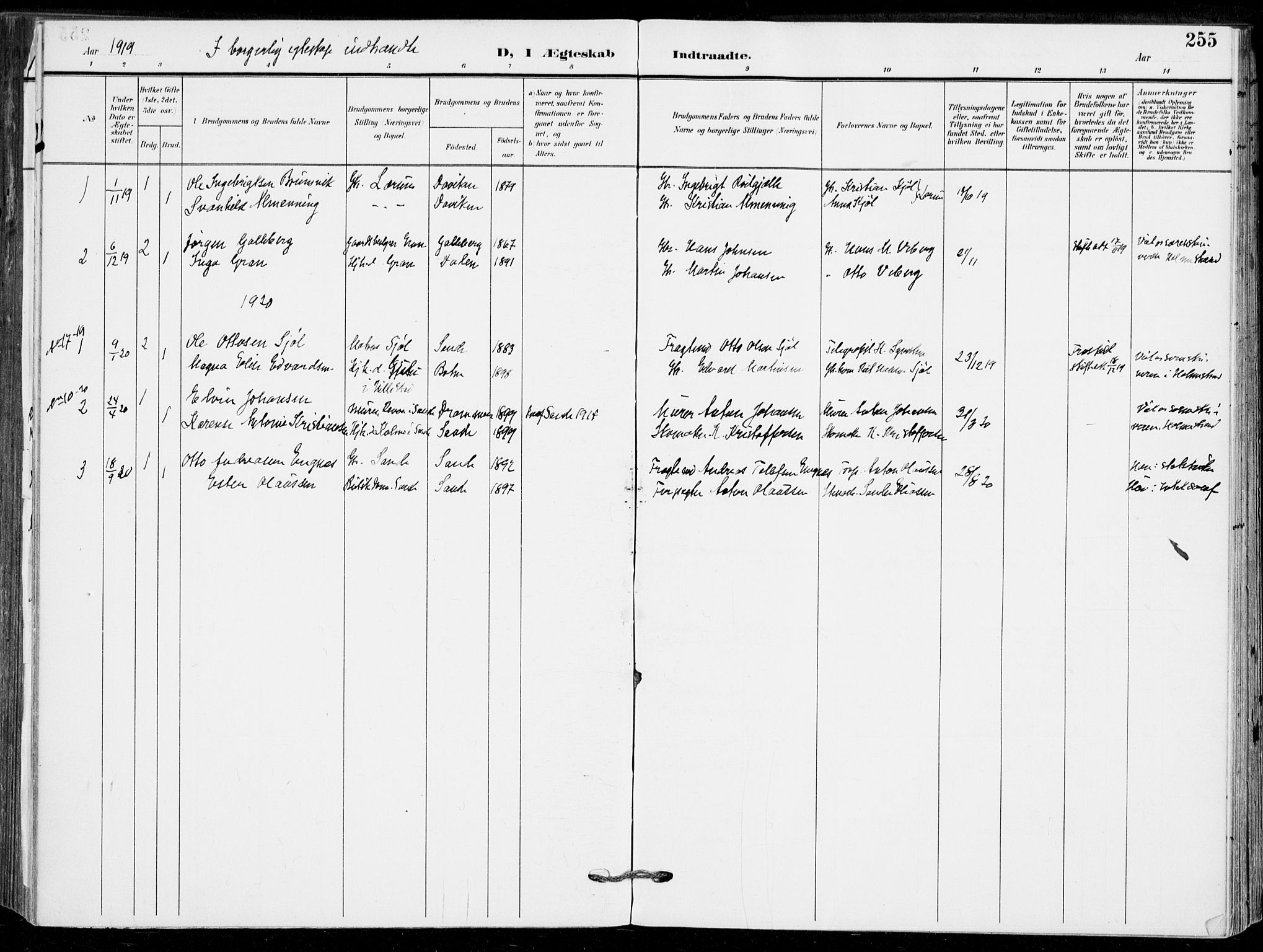Sande Kirkebøker, AV/SAKO-A-53/F/Fa/L0008: Ministerialbok nr. 8, 1904-1921, s. 255