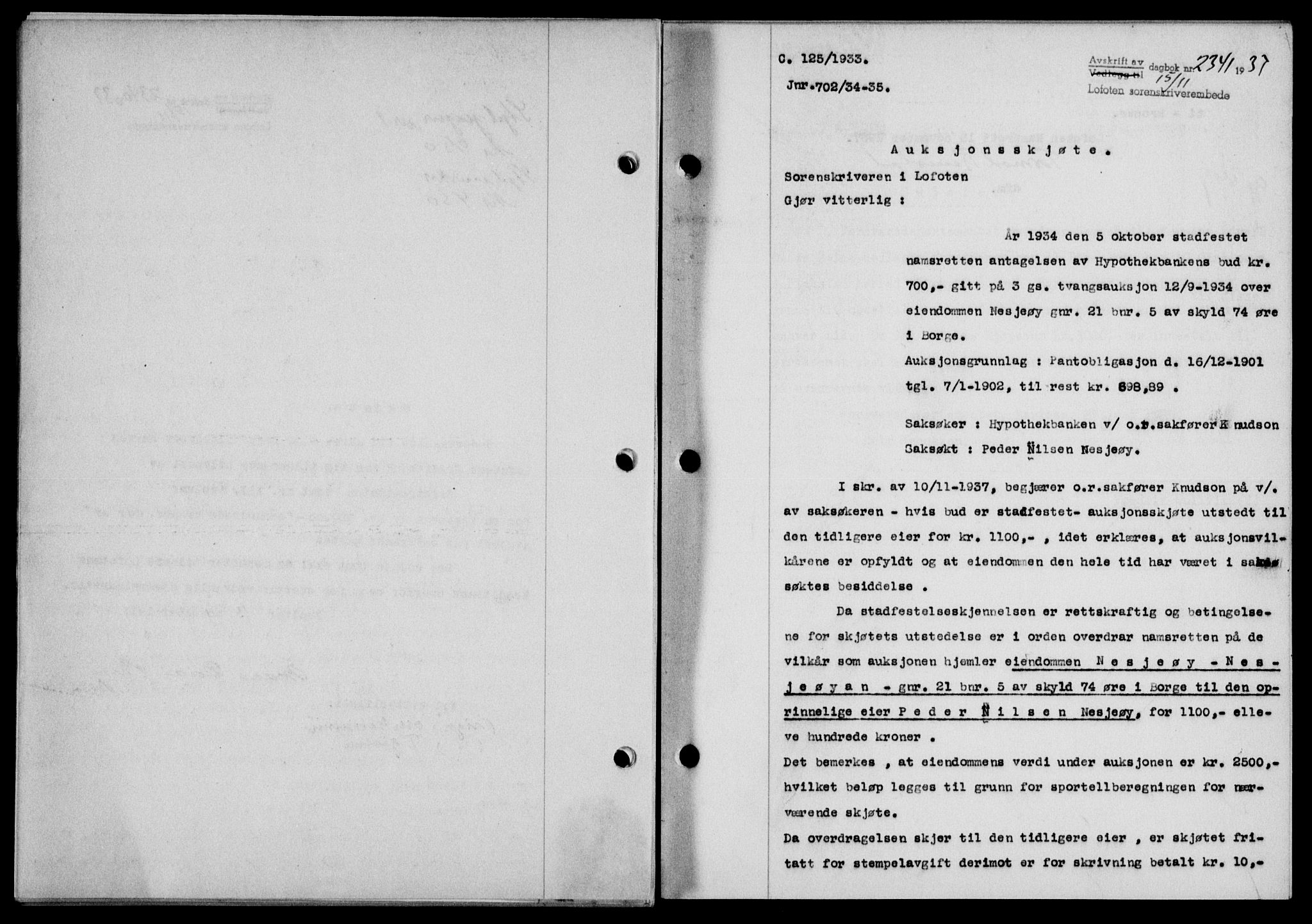 Lofoten sorenskriveri, SAT/A-0017/1/2/2C/L0003a: Pantebok nr. 3a, 1937-1938, Dagboknr: 2341/1937