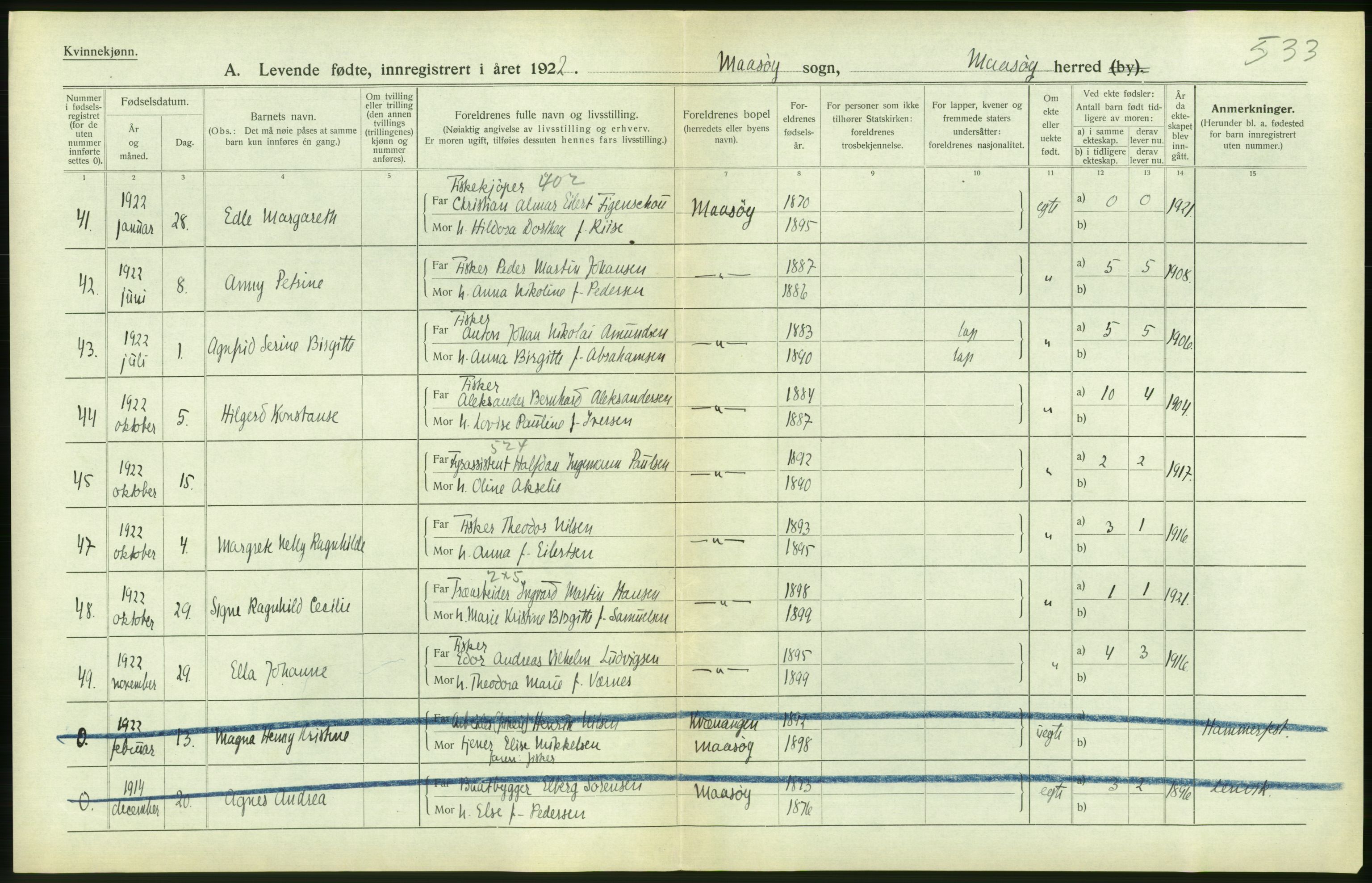 Statistisk sentralbyrå, Sosiodemografiske emner, Befolkning, AV/RA-S-2228/D/Df/Dfc/Dfcb/L0049: Finnmark fylke: Levendefødte menn og kvinner, gifte, døde, dødfødte.  Bygder og byer., 1922, s. 316