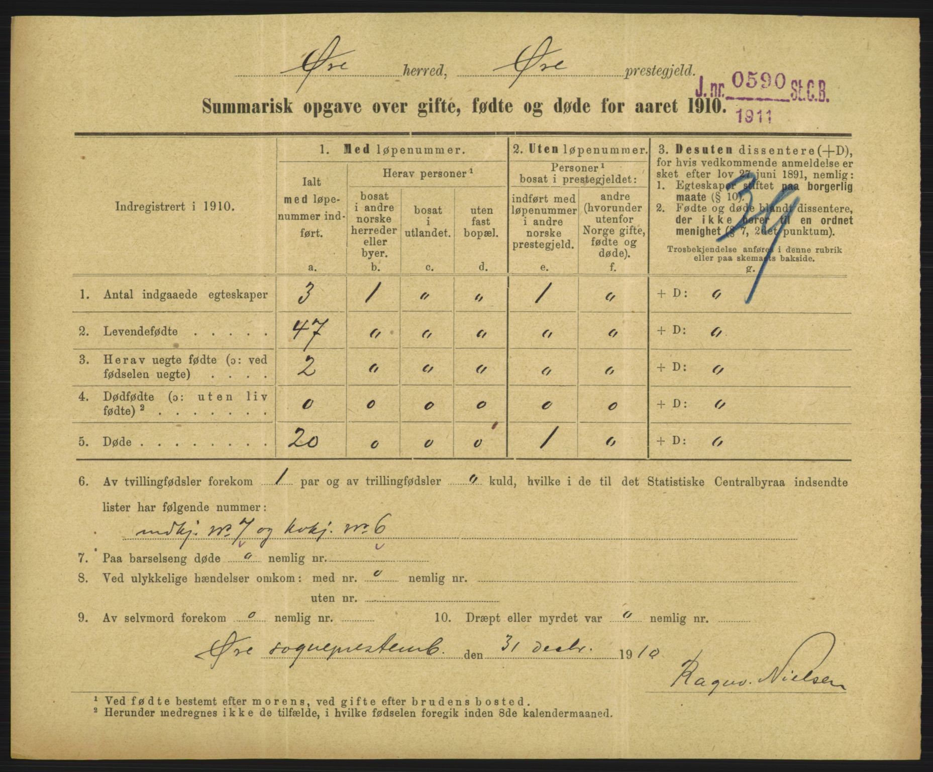 Statistisk sentralbyrå, Sosiodemografiske emner, Befolkning, AV/RA-S-2228/D/Df/Dfa/Dfah/L0046: Summariske oppgaver over gifte, fødte og døde for hele landet., 1910, s. 1121