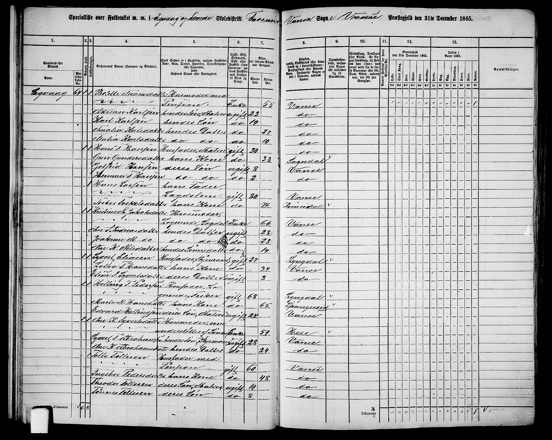 RA, Folketelling 1865 for 1041L Vanse prestegjeld, Vanse sokn og Farsund landsokn, 1865, s. 22