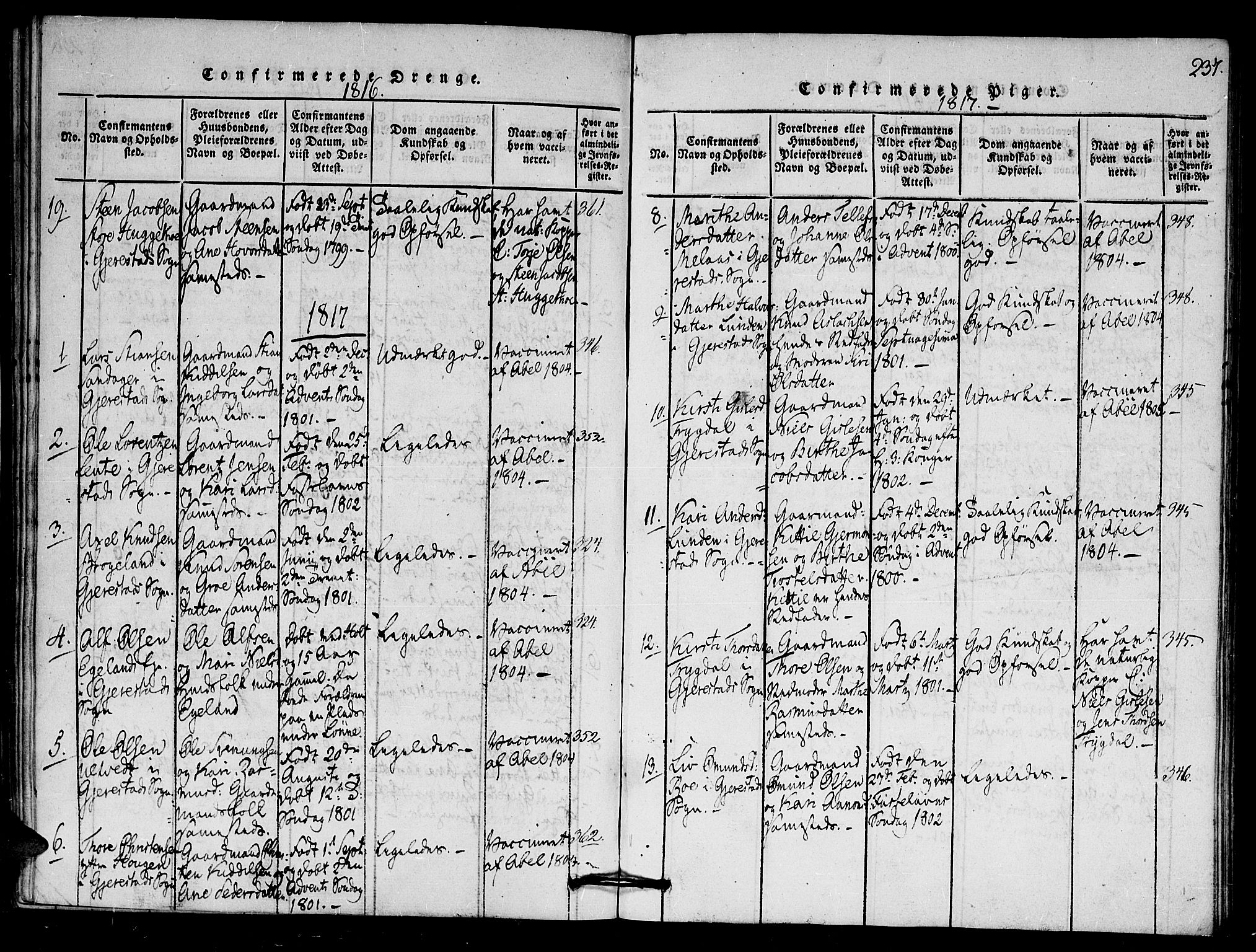 Gjerstad sokneprestkontor, SAK/1111-0014/F/Fa/Faa/L0004: Ministerialbok nr. A 4, 1816-1829, s. 237