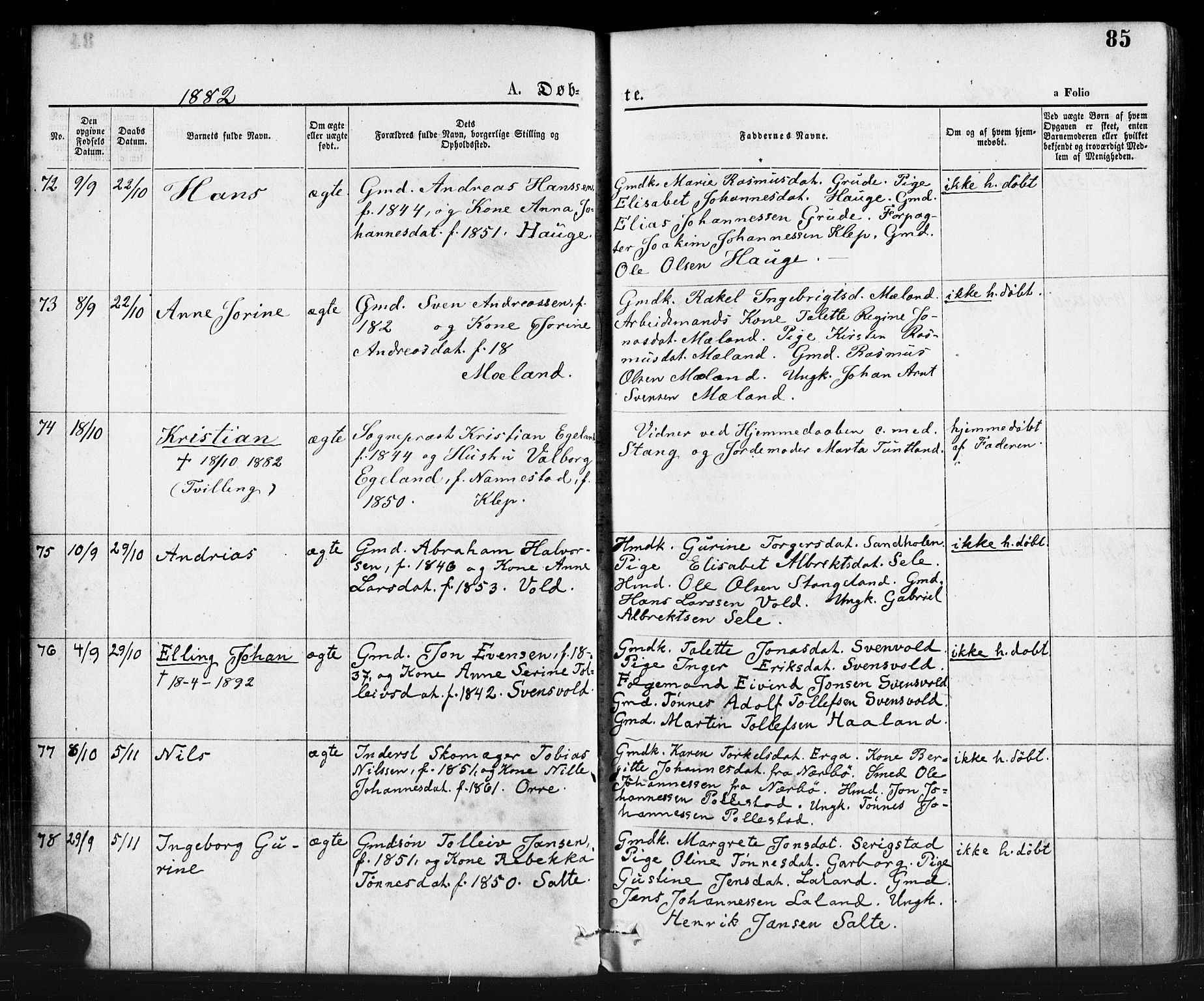 Klepp sokneprestkontor, AV/SAST-A-101803/001/3/30BA/L0006: Ministerialbok nr. A 6, 1871-1885, s. 85