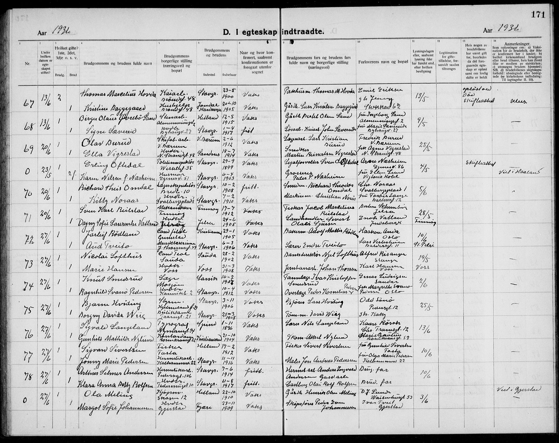 Domkirken sokneprestkontor, AV/SAST-A-101812/001/30/30BB/L0020: Klokkerbok nr. B 20, 1921-1937, s. 171