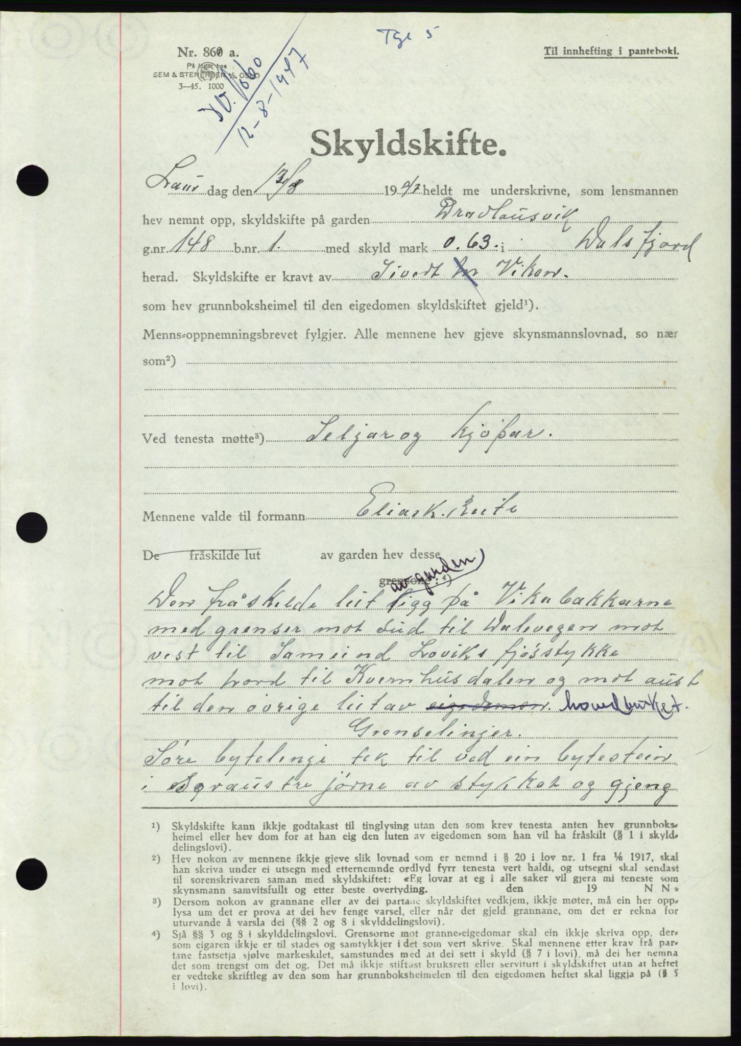 Søre Sunnmøre sorenskriveri, AV/SAT-A-4122/1/2/2C/L0081: Pantebok nr. 7A, 1947-1948, Dagboknr: 1060/1947