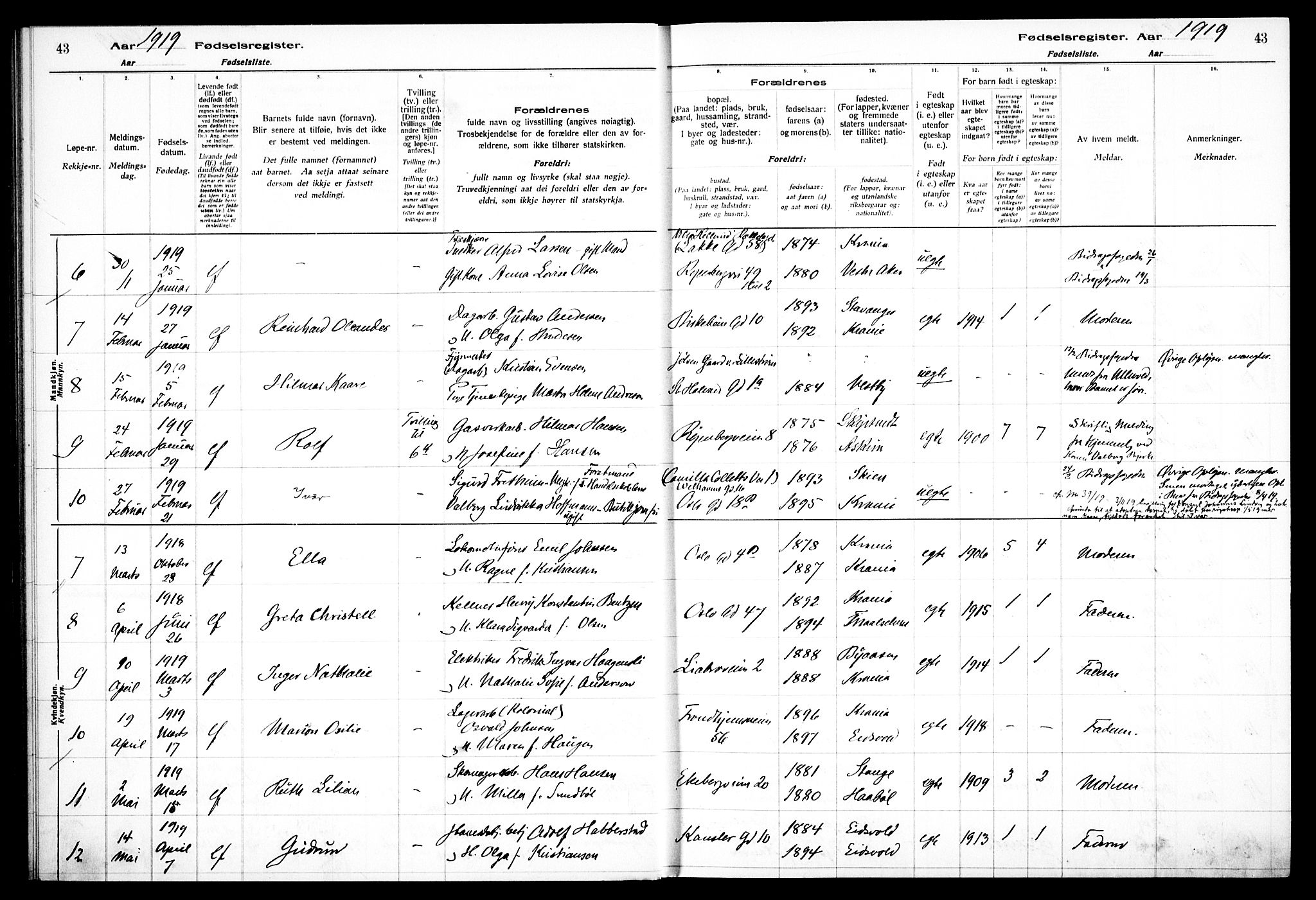 Gamlebyen prestekontor Kirkebøker, AV/SAO-A-10884/J/Ja/L0001: Fødselsregister nr. 1, 1916-1936, s. 43