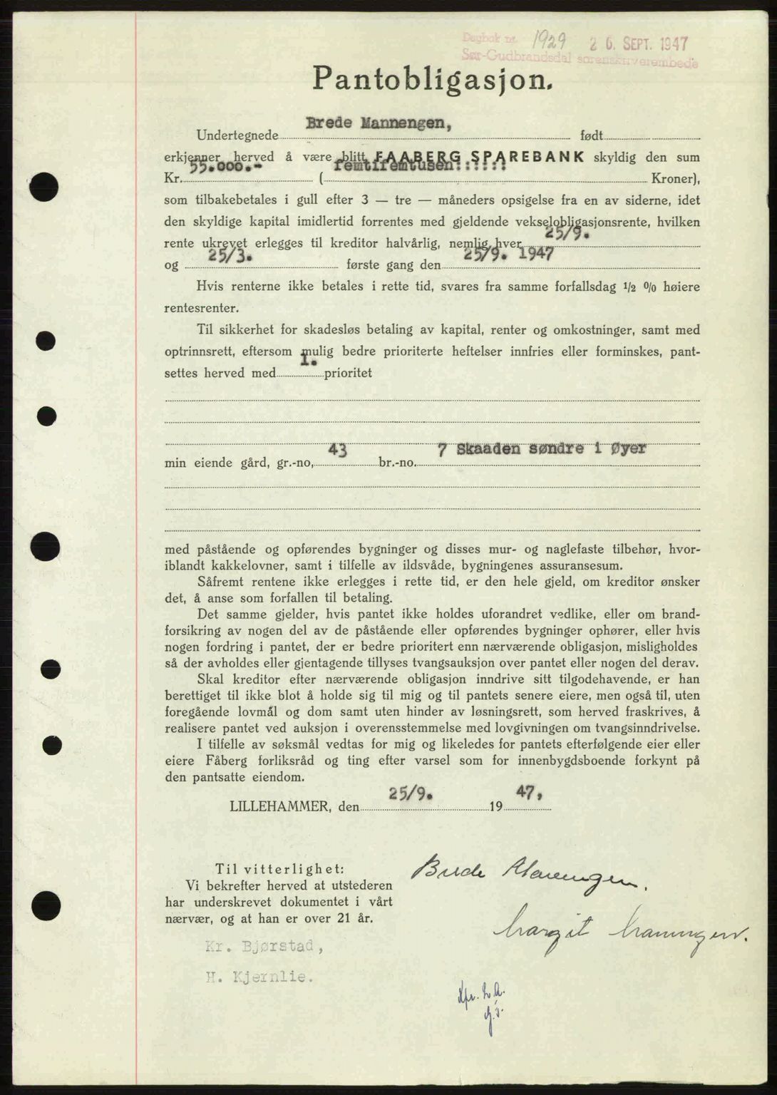 Sør-Gudbrandsdal tingrett, SAH/TING-004/H/Hb/Hbe/L0003: Pantebok nr. B3, 1943-1948, Dagboknr: 1929/1947