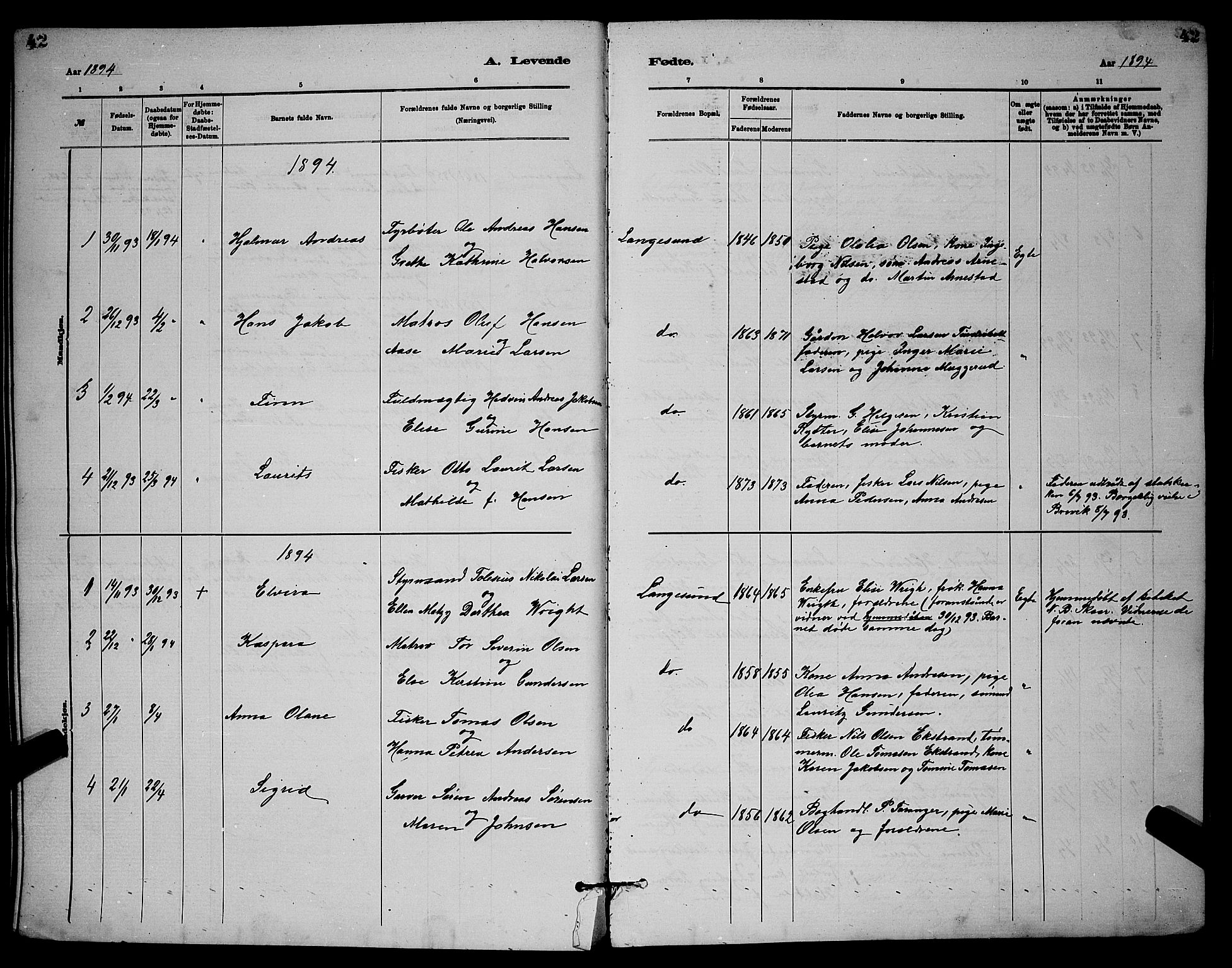 Langesund kirkebøker, AV/SAKO-A-280/G/Ga/L0005: Klokkerbok nr. 5, 1884-1898, s. 42