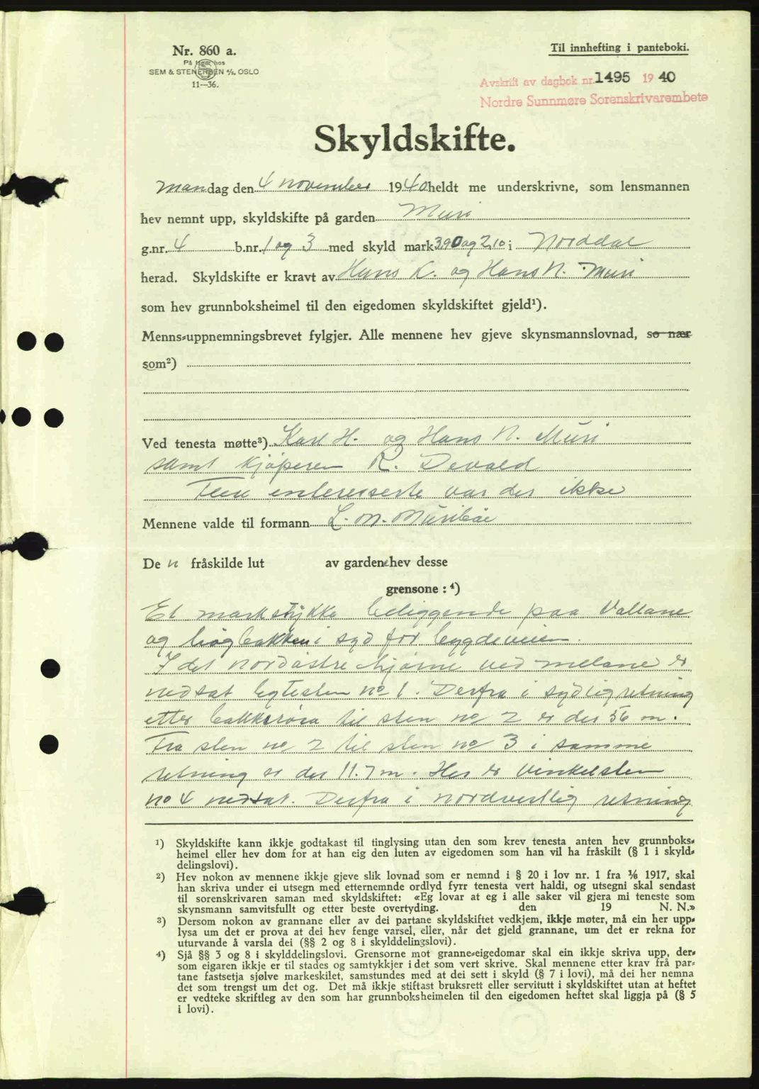 Nordre Sunnmøre sorenskriveri, AV/SAT-A-0006/1/2/2C/2Ca: Pantebok nr. A9, 1940-1940, Dagboknr: 1495/1940