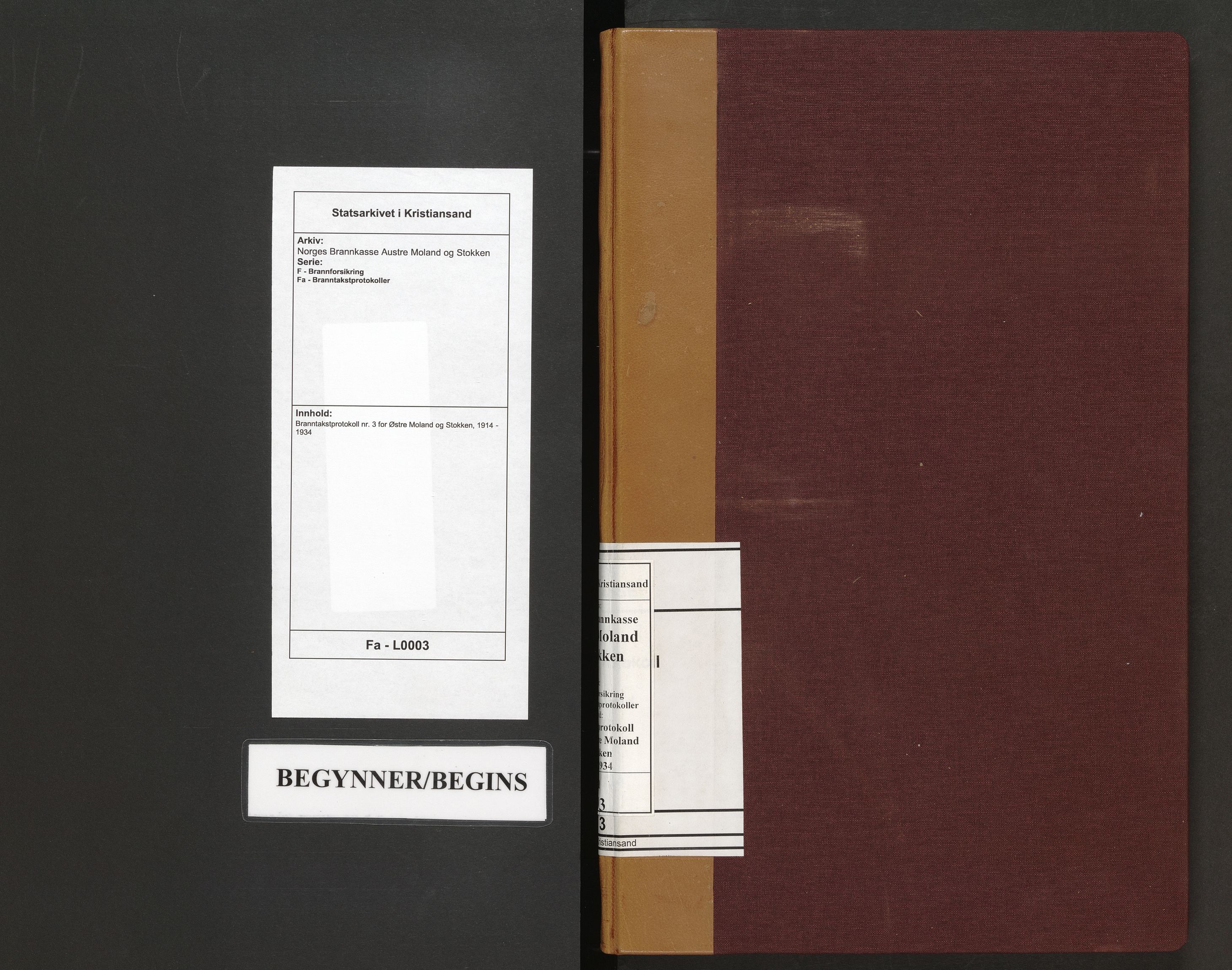 Norges Brannkasse Austre Moland og Stokken, AV/SAK-2241-0057/F/Fa/L0003: Branntakstprotokoll nr. 3 for Østre Moland og Stokken, 1914-1934