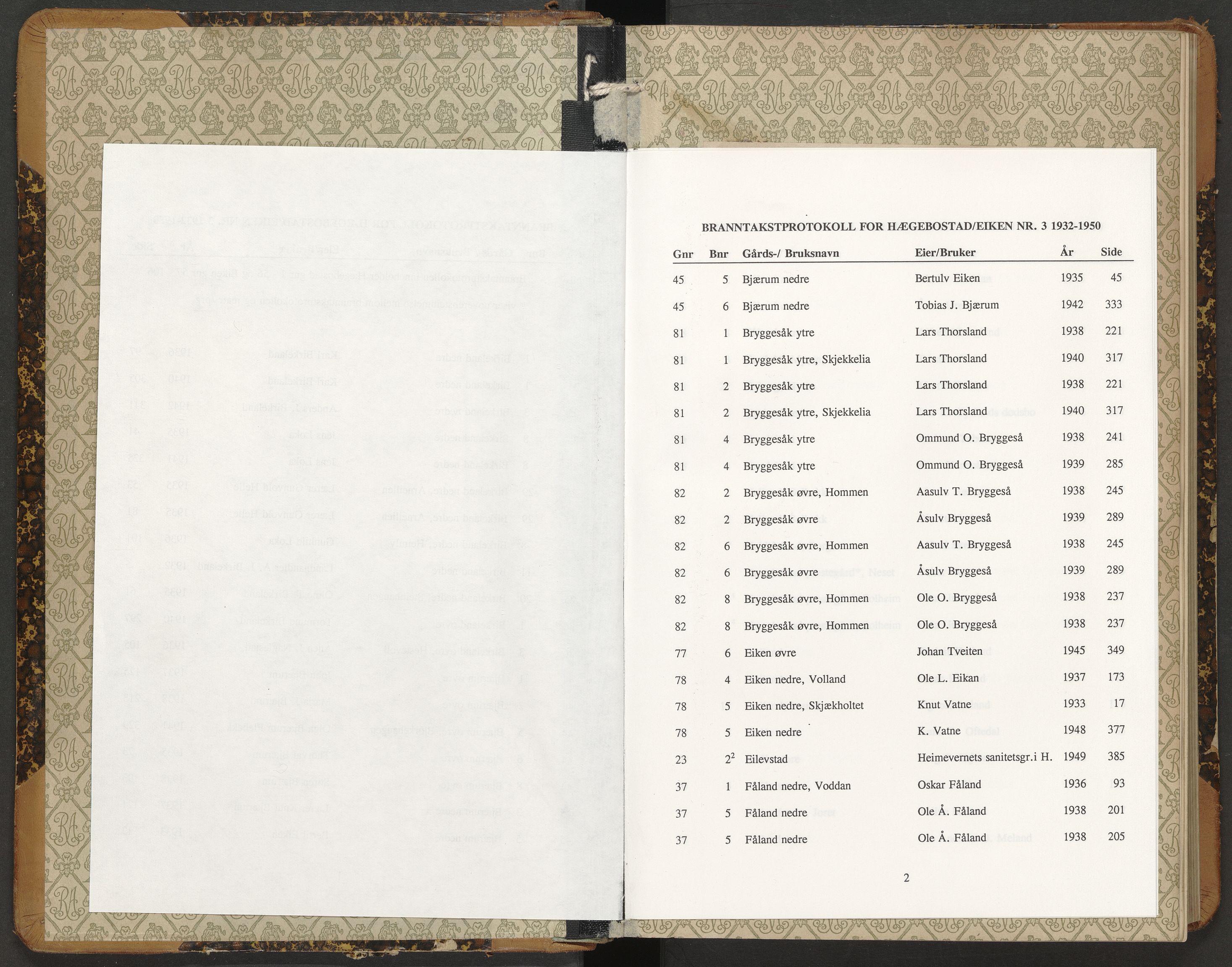 Norges Brannkasse Hægebostad og Eiken, AV/SAK-2241-0027/F/Fa/L0003: Branntakstprotokoll nr. 3 med gårdsnavnregister, 1932-1950