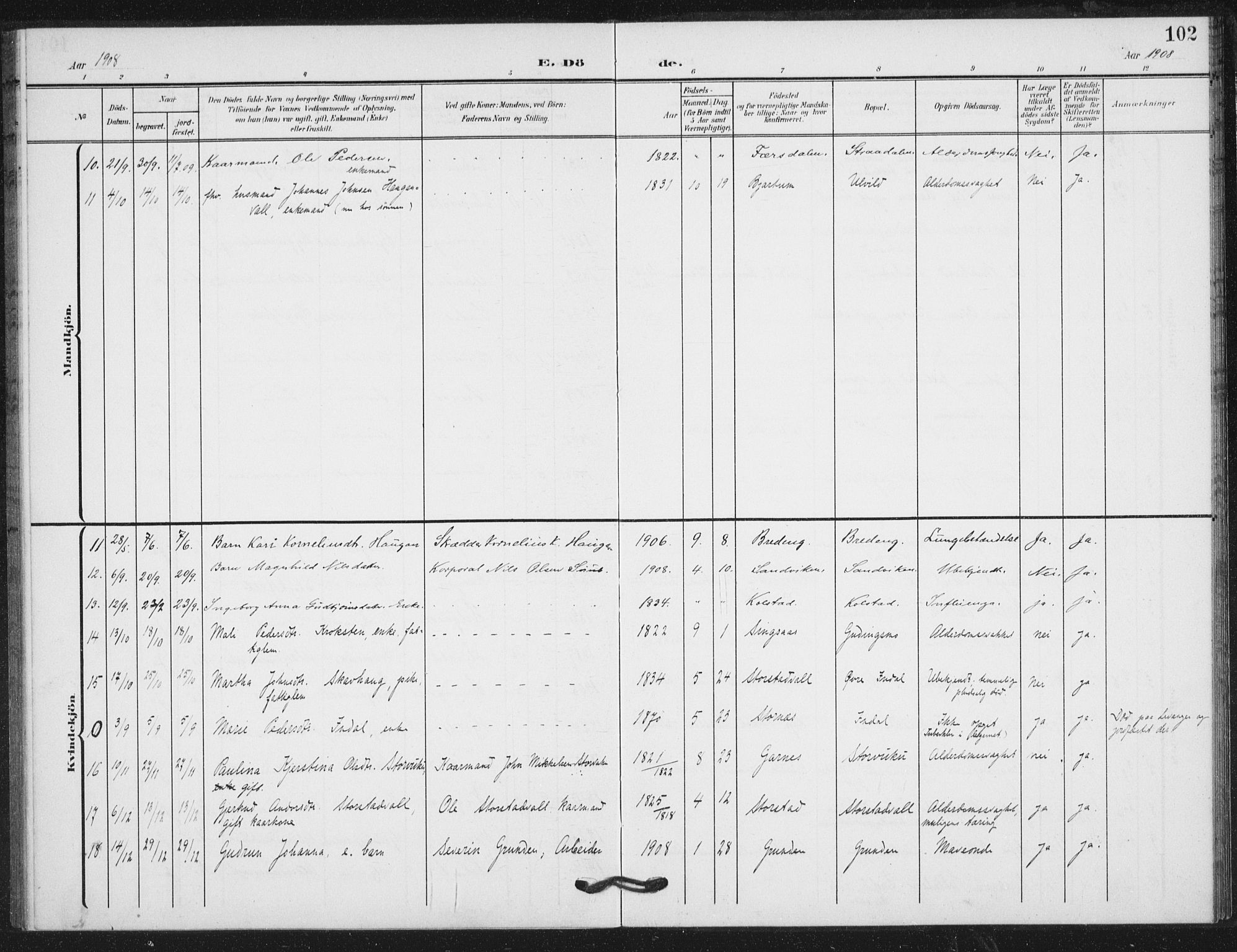 Ministerialprotokoller, klokkerbøker og fødselsregistre - Nord-Trøndelag, SAT/A-1458/724/L0264: Ministerialbok nr. 724A02, 1908-1915, s. 102