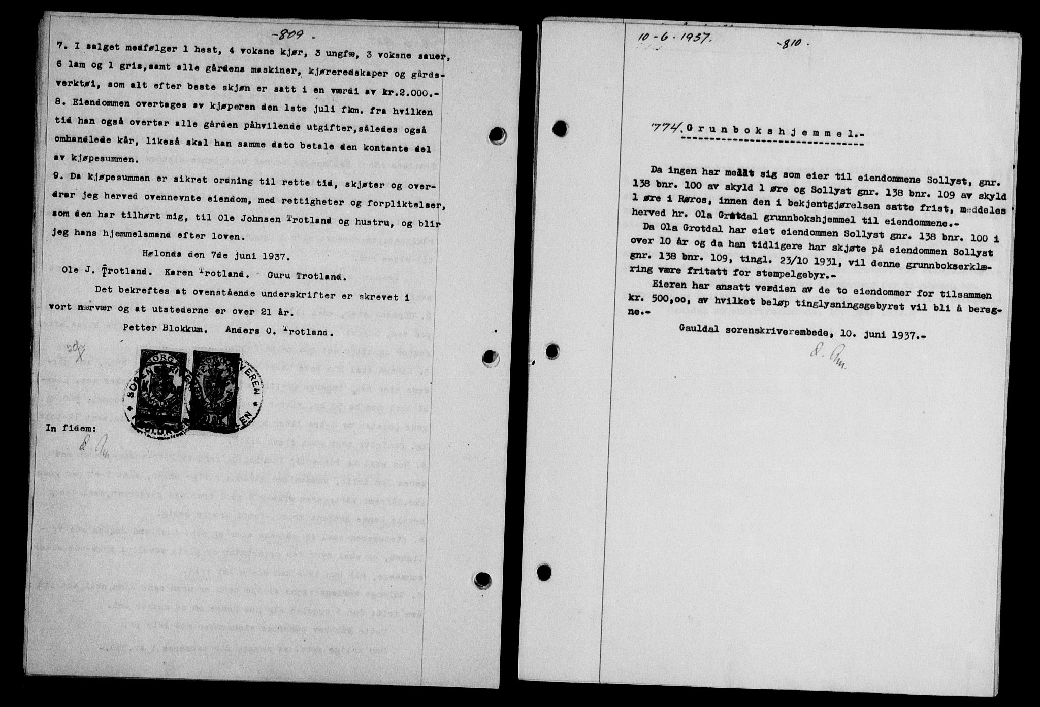 Gauldal sorenskriveri, SAT/A-0014/1/2/2C/L0047: Pantebok nr. 50-51, 1937-1937, Dagboknr: 774/1937