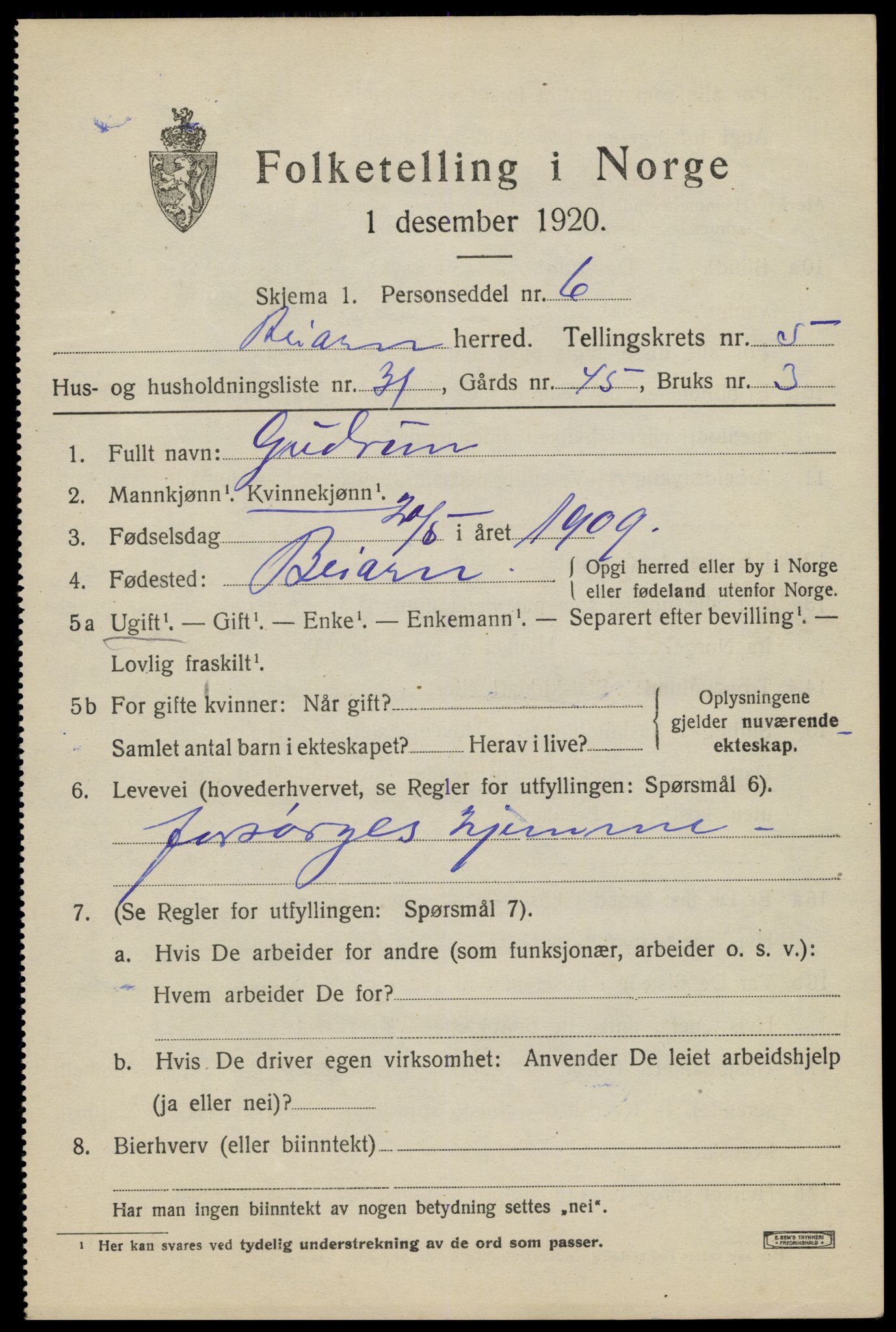 SAT, Folketelling 1920 for 1839 Beiarn herred, 1920, s. 2820