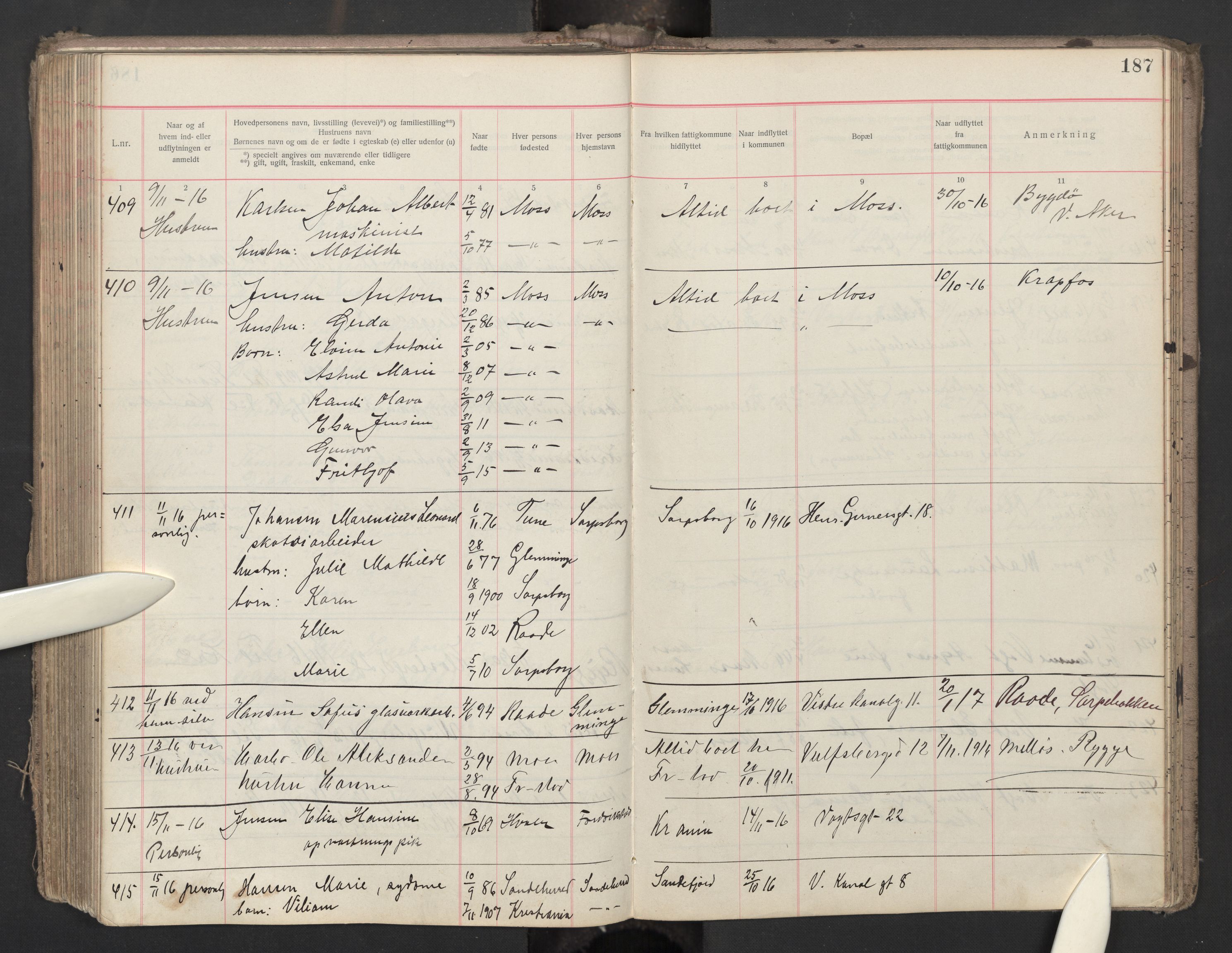 Moss folkeregister, AV/SAO-A-10020/J/L0003: Inn- og utflyttede i Moss fattigkommune, 1913-1917, s. 187