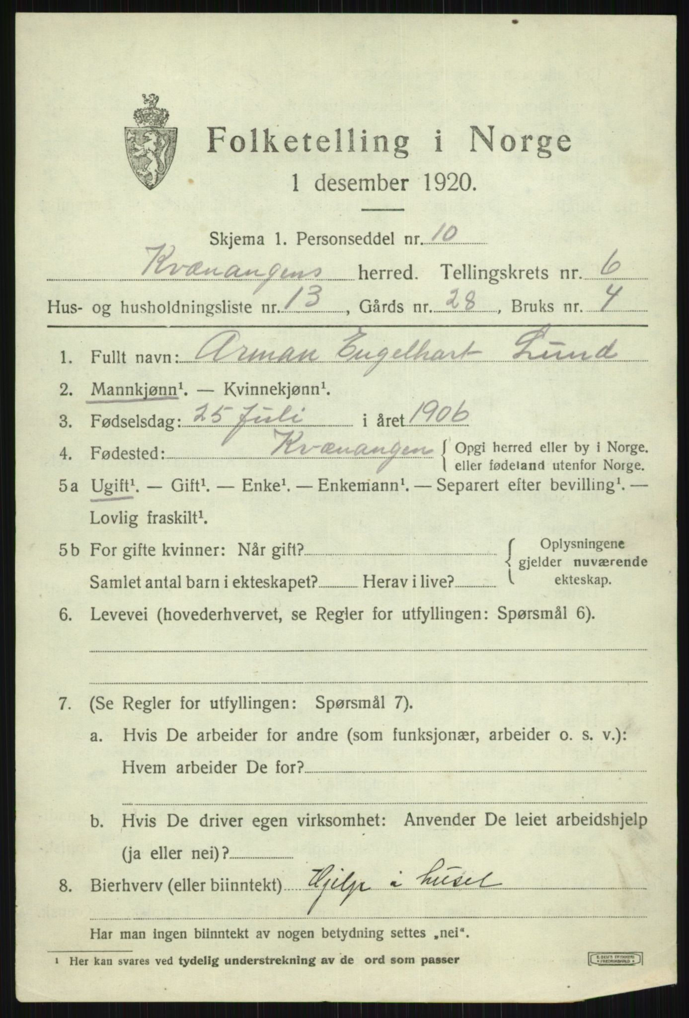 SATØ, Folketelling 1920 for 1943 Kvænangen herred, 1920, s. 3784
