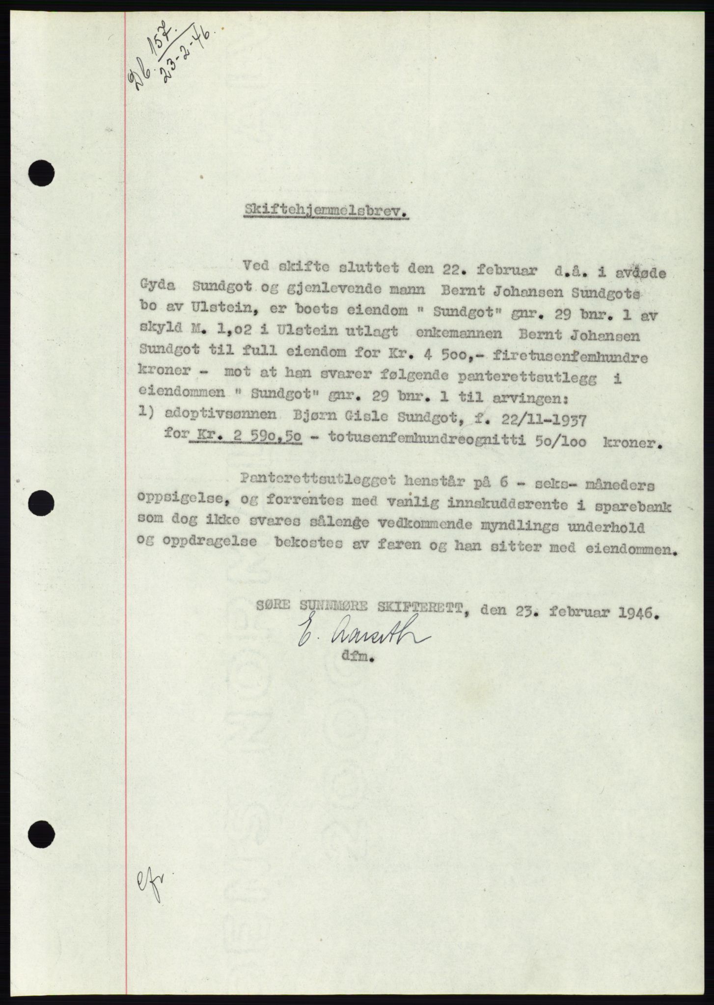 Søre Sunnmøre sorenskriveri, SAT/A-4122/1/2/2C/L0078: Pantebok nr. 4A, 1946-1946, Dagboknr: 157/1946