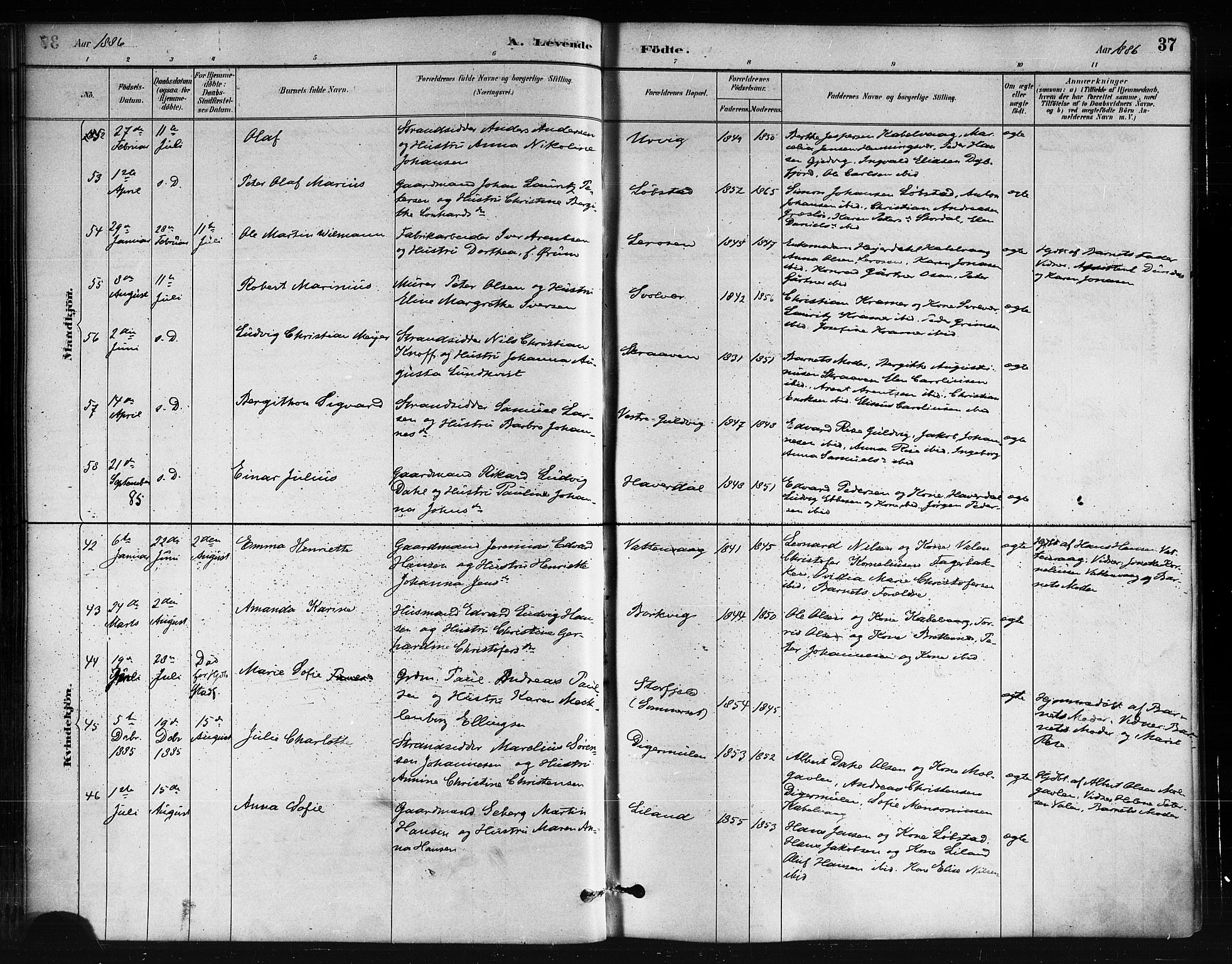 Ministerialprotokoller, klokkerbøker og fødselsregistre - Nordland, SAT/A-1459/874/L1059: Ministerialbok nr. 874A03, 1884-1890, s. 37