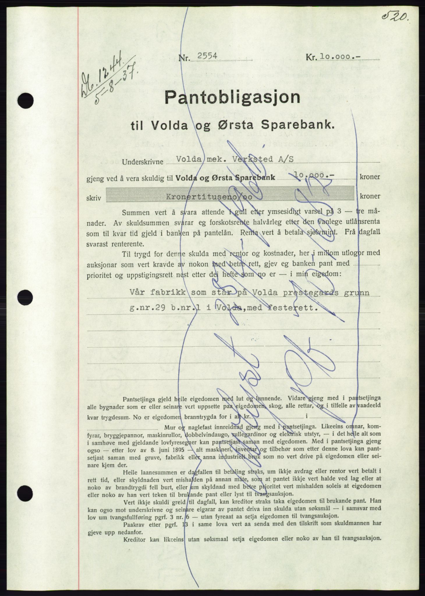 Søre Sunnmøre sorenskriveri, AV/SAT-A-4122/1/2/2C/L0063: Pantebok nr. 57, 1937-1937, Dagboknr: 1244/1937