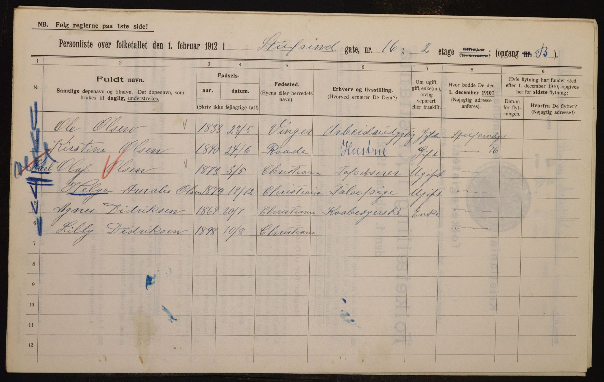 OBA, Kommunal folketelling 1.2.1912 for Kristiania, 1912, s. 104606