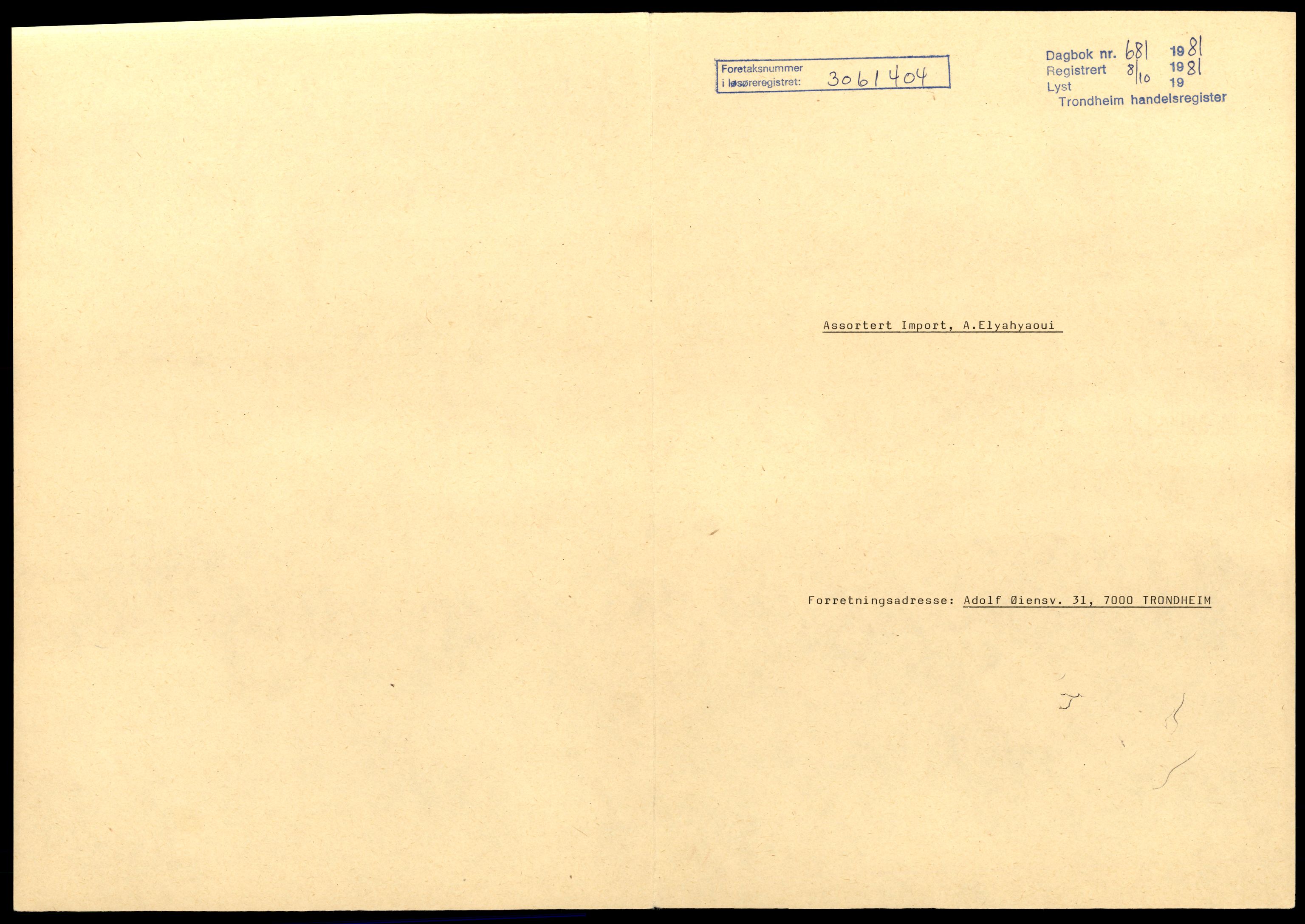 Trondheim byfogd, AV/SAT-A-0003/2/J/Jd/Jda/L0067: Bilag, enkeltmannsforetak, ansvarlige selskap og kommandittselskap, Ass-Ber, 1944-1990, s. 1