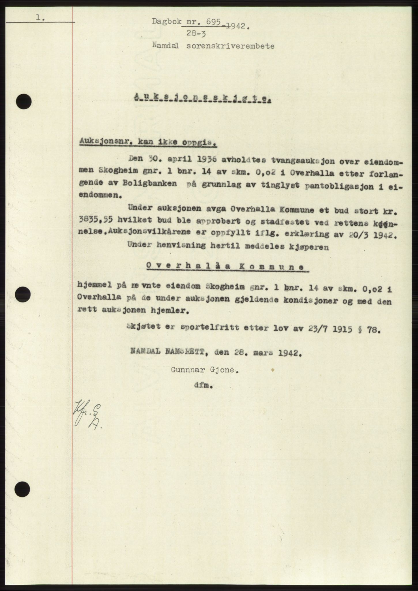 Namdal sorenskriveri, SAT/A-4133/1/2/2C: Pantebok nr. -, 1941-1942, Dagboknr: 695/1942
