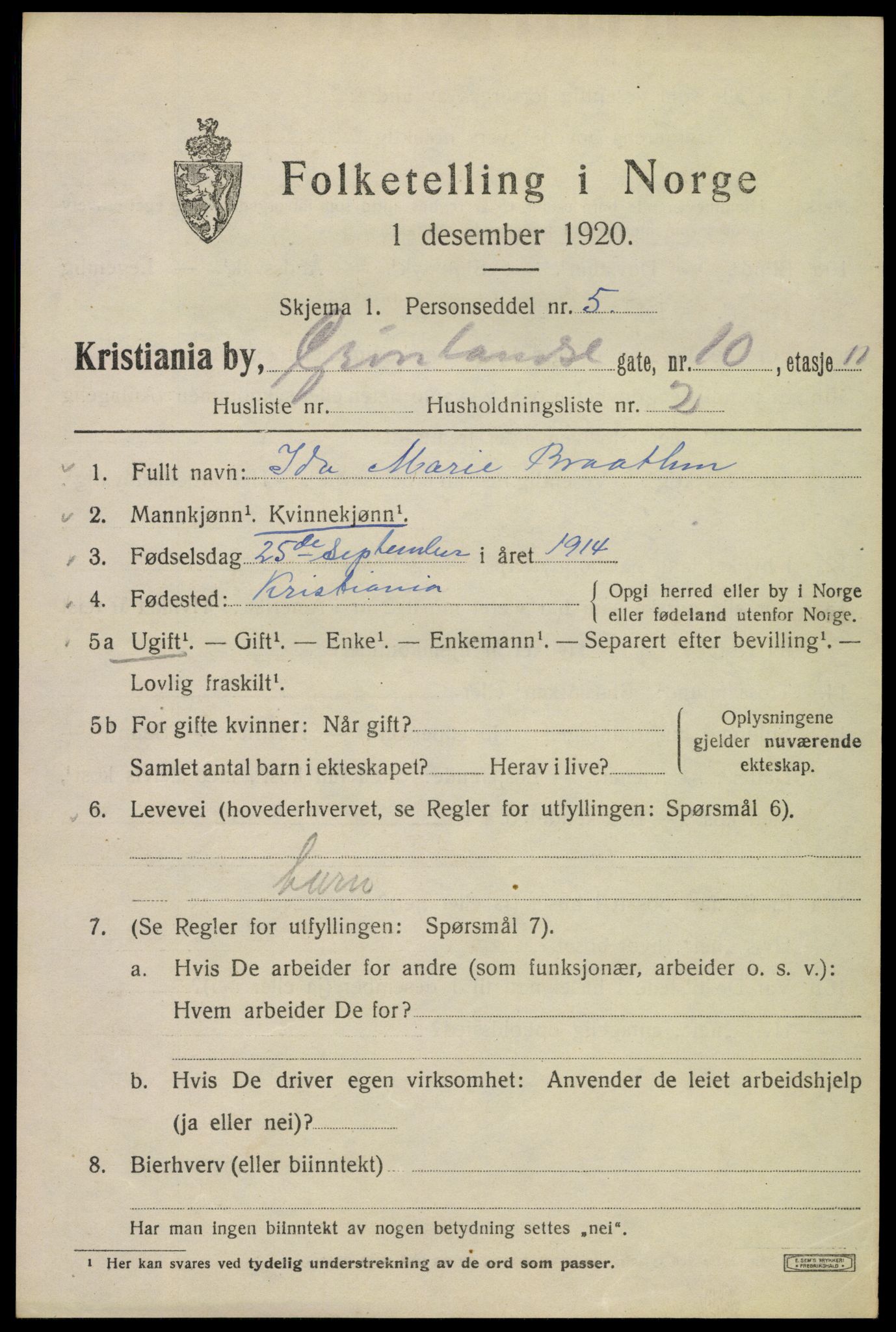SAO, Folketelling 1920 for 0301 Kristiania kjøpstad, 1920, s. 256111
