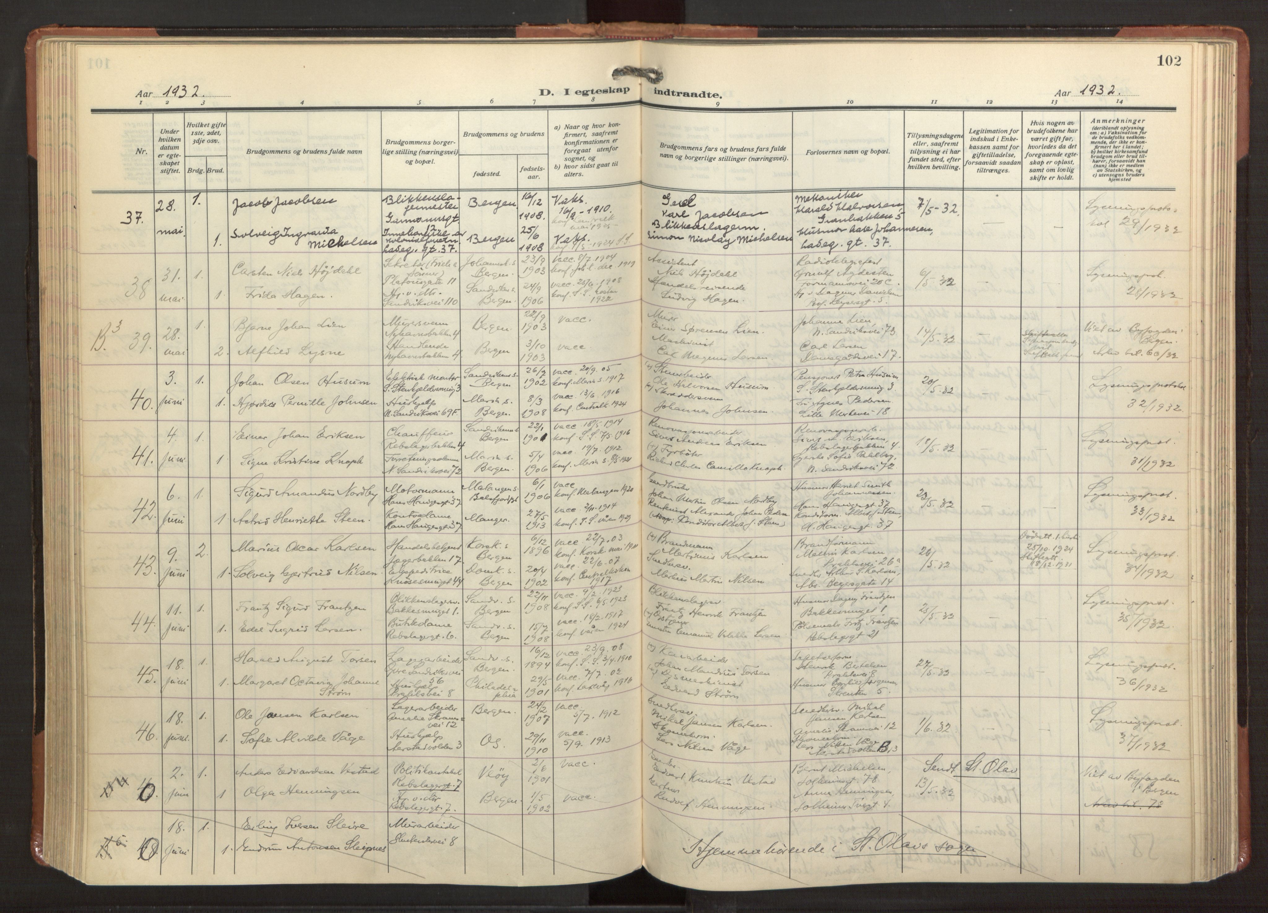 Sandviken Sokneprestembete, AV/SAB-A-77601/H/Ha/L0016: Ministerialbok nr. D 3, 1923-1940, s. 102