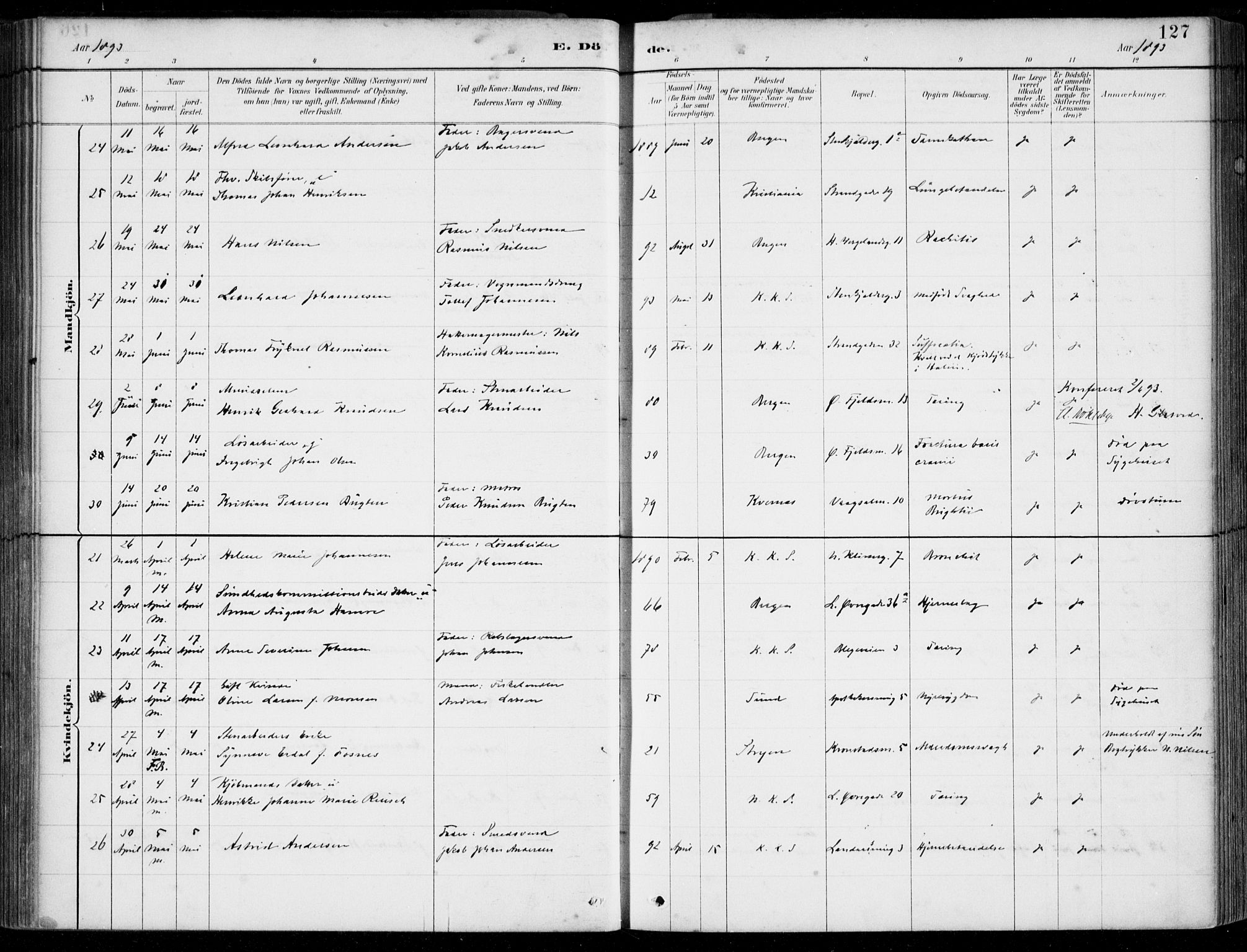 Korskirken sokneprestembete, AV/SAB-A-76101/H/Hab: Klokkerbok nr. E 4, 1884-1910, s. 127