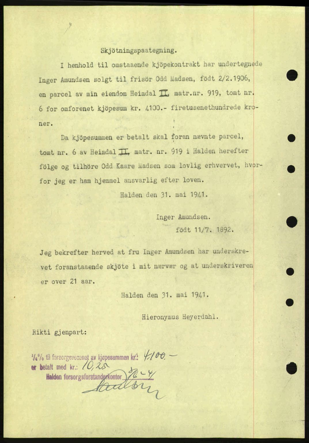 Idd og Marker sorenskriveri, AV/SAO-A-10283/G/Gb/Gbb/L0004: Pantebok nr. A4, 1940-1941, Dagboknr: 1062/1941