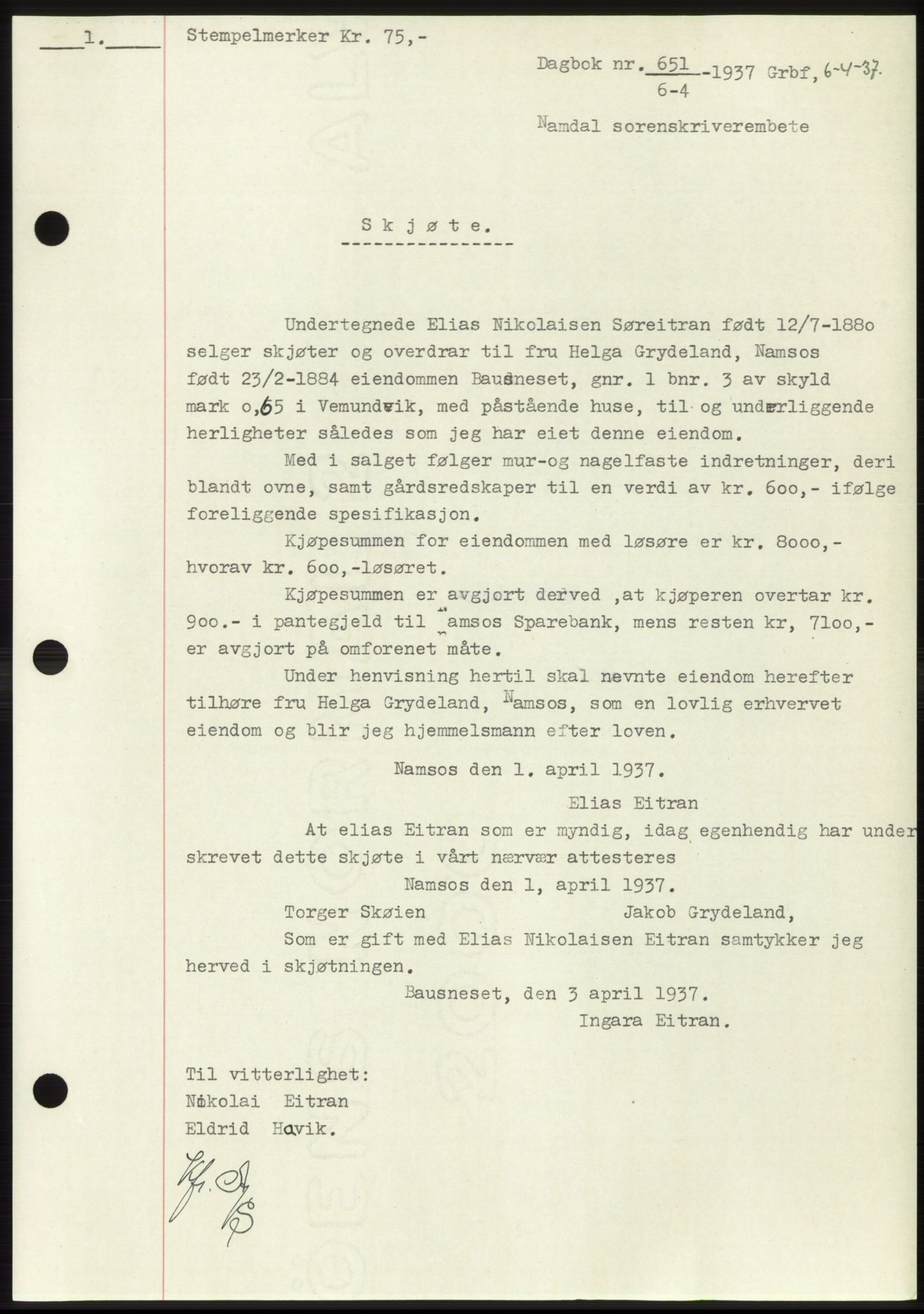 Namdal sorenskriveri, SAT/A-4133/1/2/2C: Pantebok nr. -, 1937-1939, Tingl.dato: 06.04.1937
