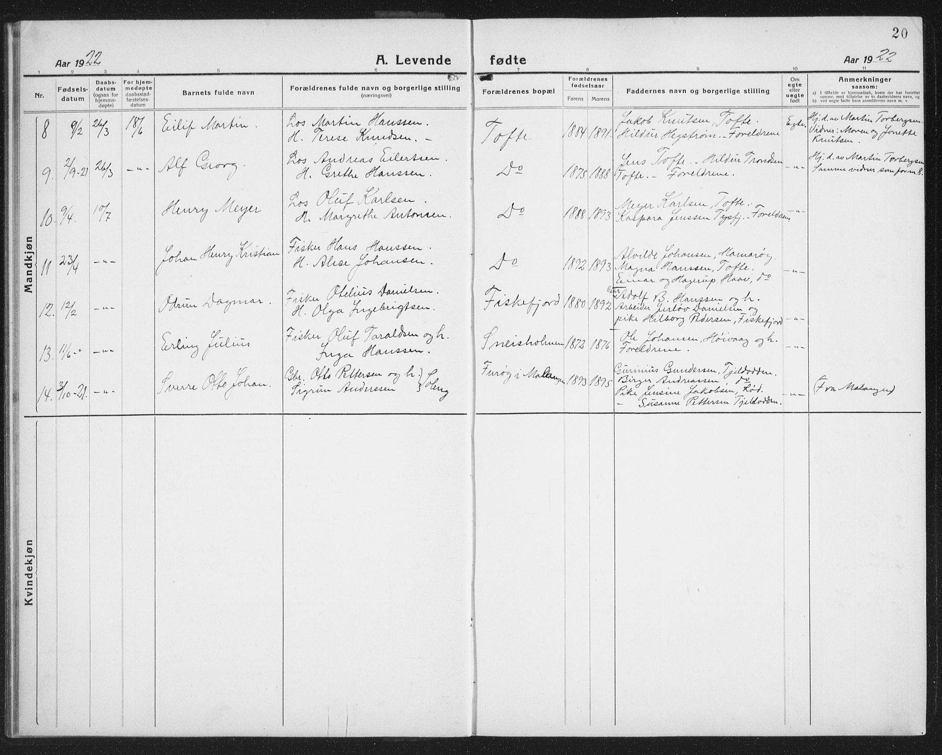 Ministerialprotokoller, klokkerbøker og fødselsregistre - Nordland, AV/SAT-A-1459/872/L1049: Klokkerbok nr. 872C05, 1920-1938, s. 20