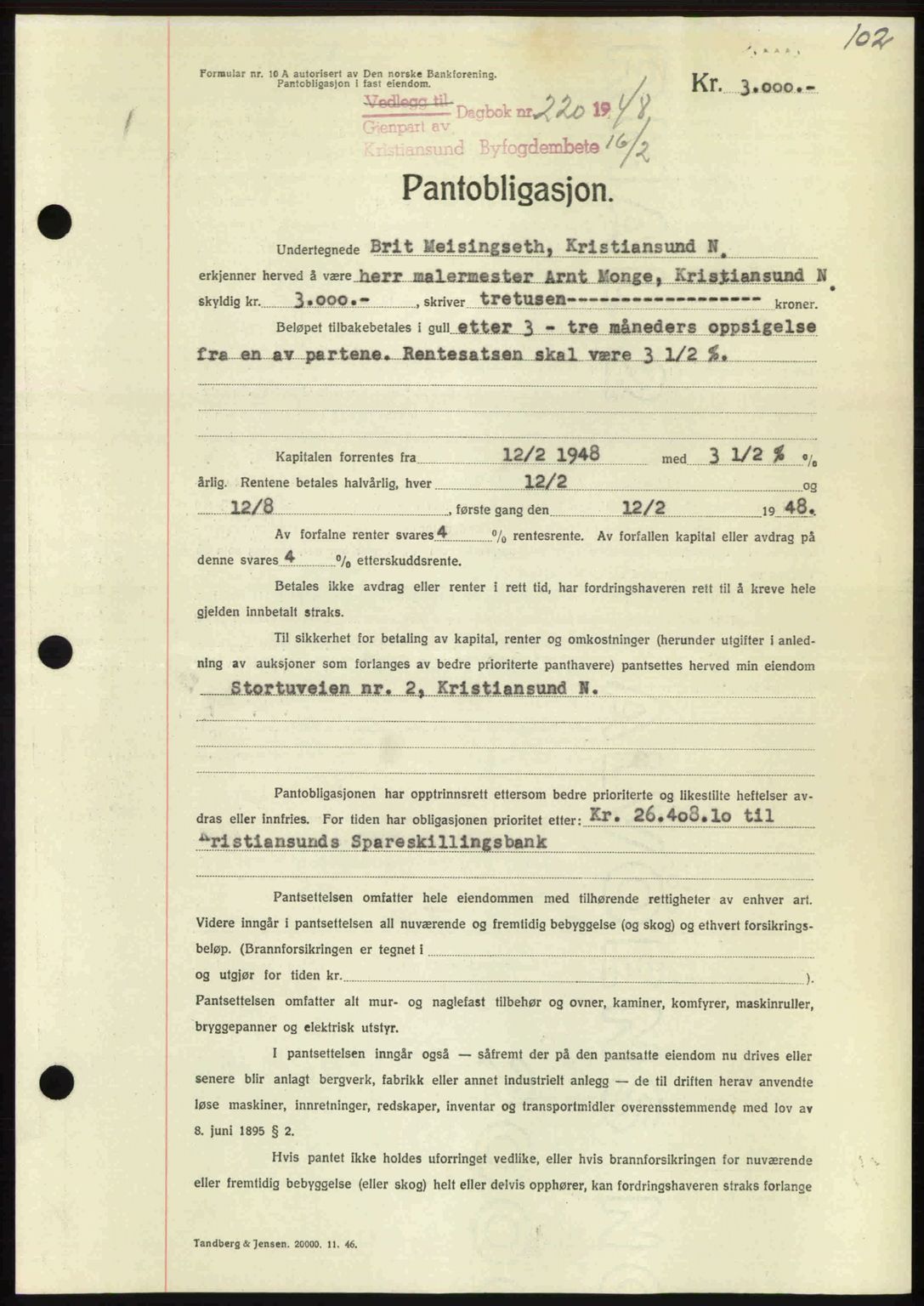 Kristiansund byfogd, SAT/A-4587/A/27: Pantebok nr. 44, 1947-1948, Dagboknr: 220/1948