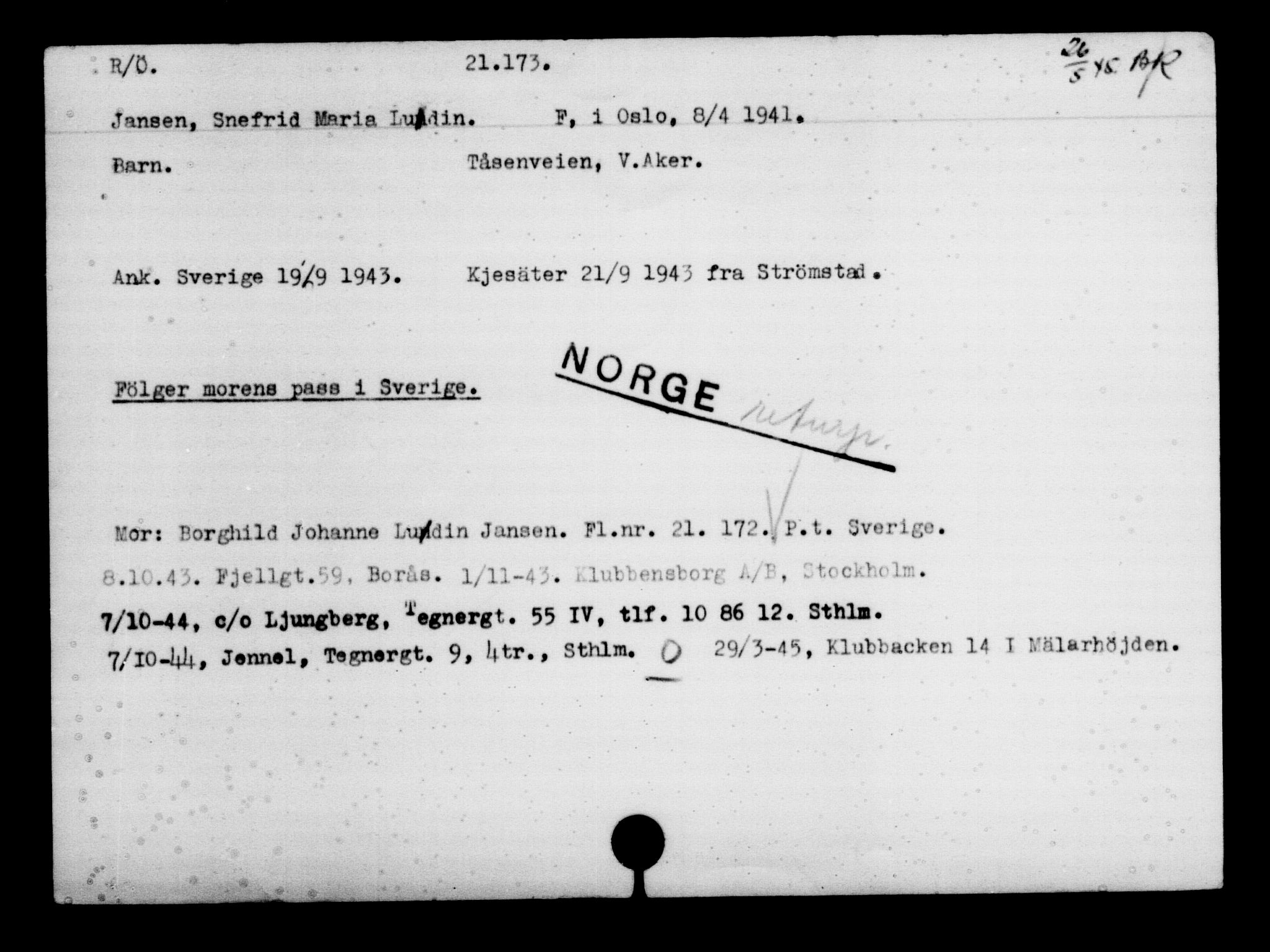 Utenriksstasjonene, Legasjonen i Stockholm, Flyktningkontoret, AV/RA-S-6753/V/Va/L0009: Kjesäterkartoteket, flyktninger med registreringsnr. 18502-22048, 1940-1945, s. 2170