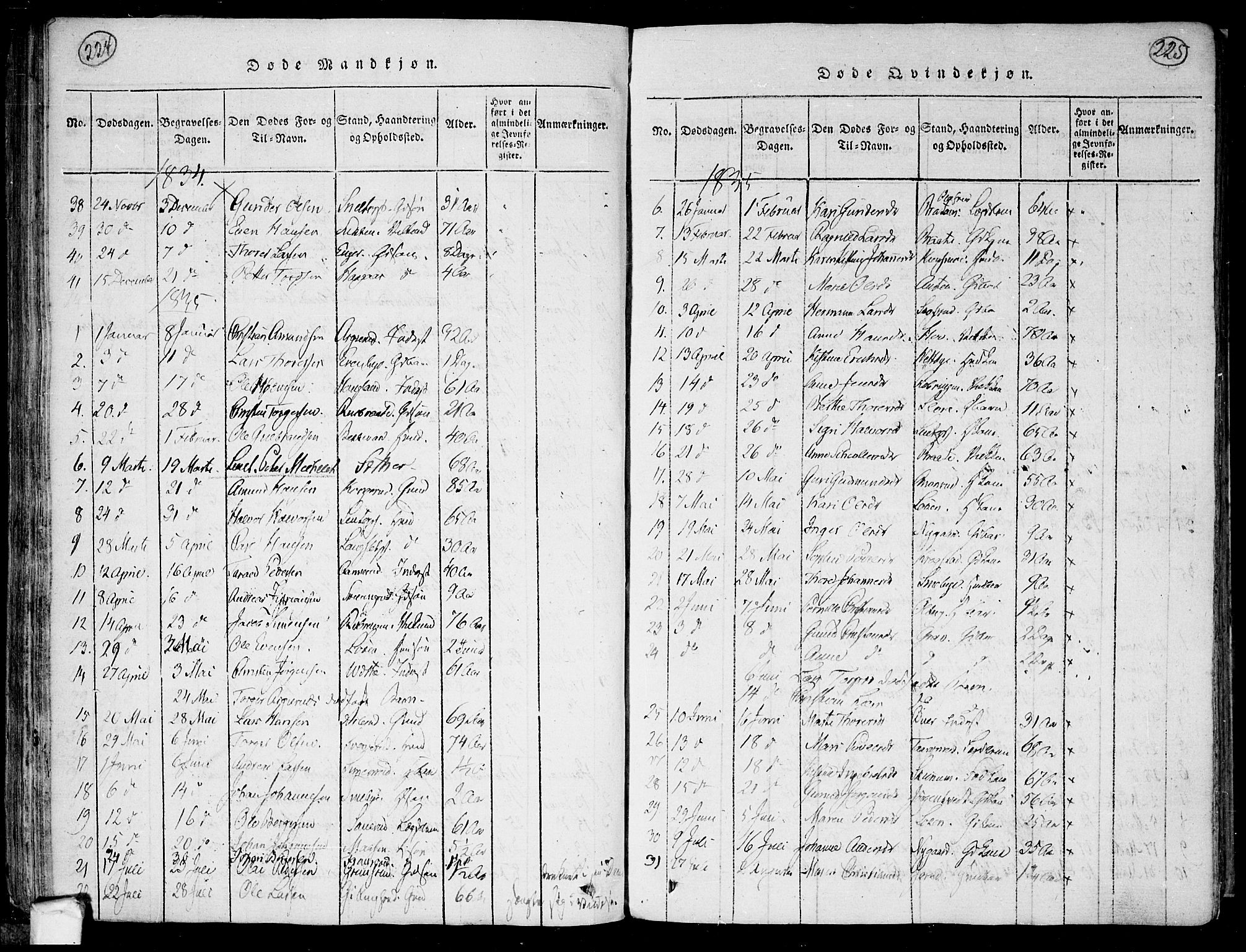 Trøgstad prestekontor Kirkebøker, AV/SAO-A-10925/F/Fa/L0006: Ministerialbok nr. I 6, 1815-1844, s. 224-225