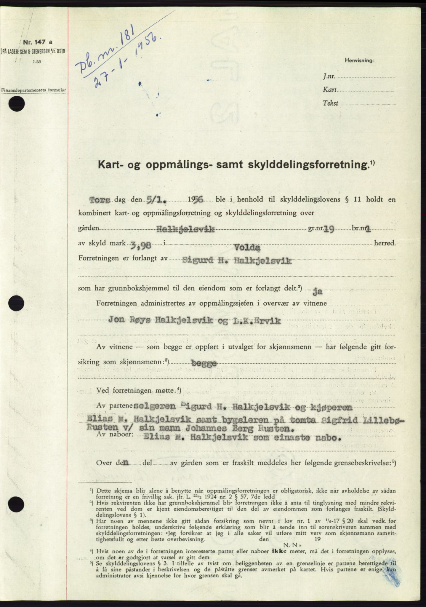 Søre Sunnmøre sorenskriveri, SAT/A-4122/1/2/2C/L0102: Pantebok nr. 28A, 1955-1956, Dagboknr: 181/1956
